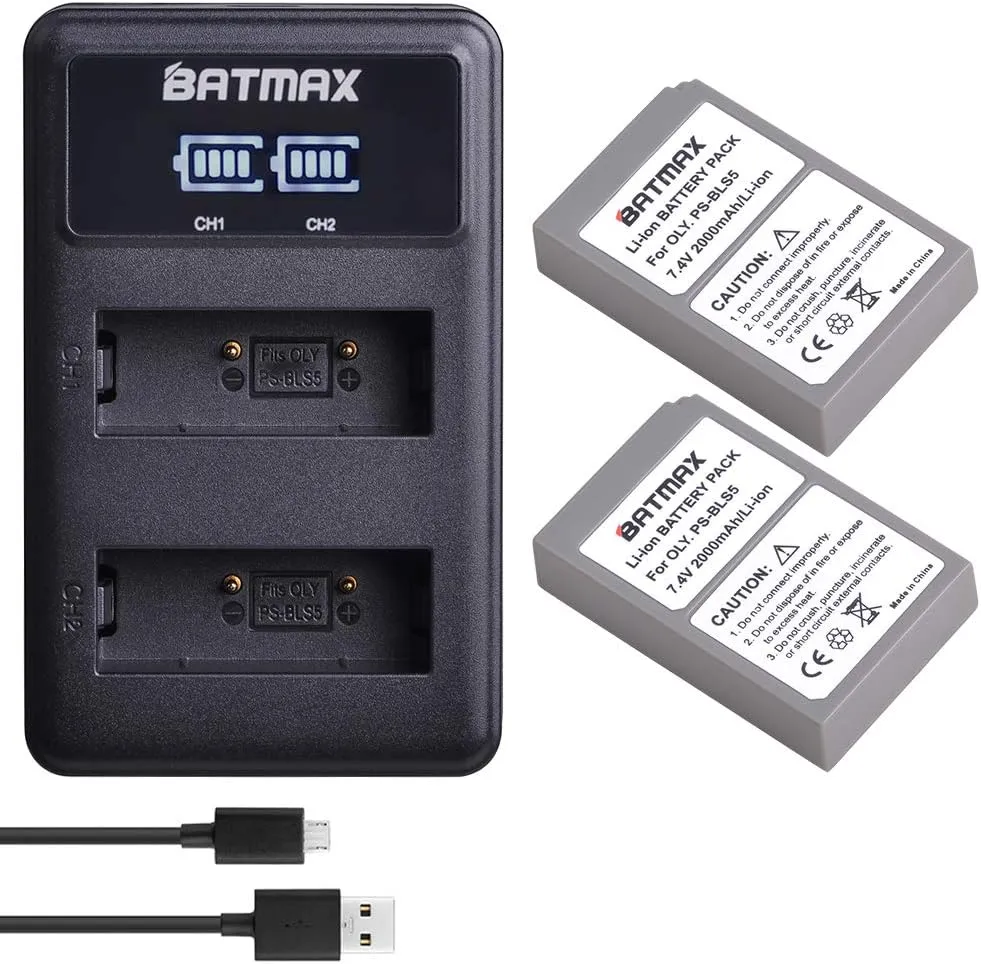 Batmax 2000mAh 2Pcs BLS-5 BLS-50 PS-BLS5 Battery   LED Dual USB Charger for Olympus BLS-5 E-PL2,E-PL5,E-PL6,E-PL7,E-PL8, E-PL9, E-PL10,E-PM2,OM-D E-M10,E-M10 Mark II,III,E-M10 IV,Stylus1 Cameras