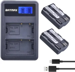 Batmax 2Packs BP-511A BP-511 BP 511 511A Battery   LCD Dual USB Charger for Canon EOS 5D, 10D, 20D, 30D, 40D, 50D, Digital Rebel 1D, D60, 300D, D30, Kiss Powershot G5, Pro