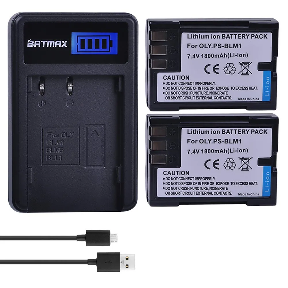 Batmax 2Packs PS-BLM1 BLM-1 PS BLM1 Battery   LCD USB Battery Charger for Olympus E-300 E-330 E-500 E-510 C-5060 C-7070 C-8080 E-1 E-3 E-30 E520 Camera Batteries