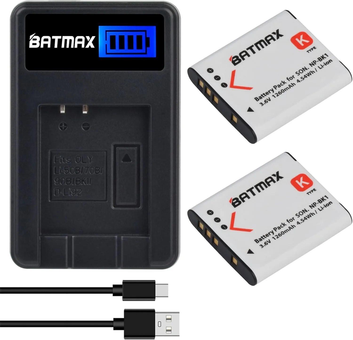 Batmax 2X NP-BK1 NP-FK1 Battery   Quick LCD Charger for Sony NP-BK1,Cybershot DSC-W180, DSC-W190, DSC-W370, DSC-S750, DSC-S780, DSC-S950, DSC-S980, Webbie MHS-CM1 HD, MHS-PM1
