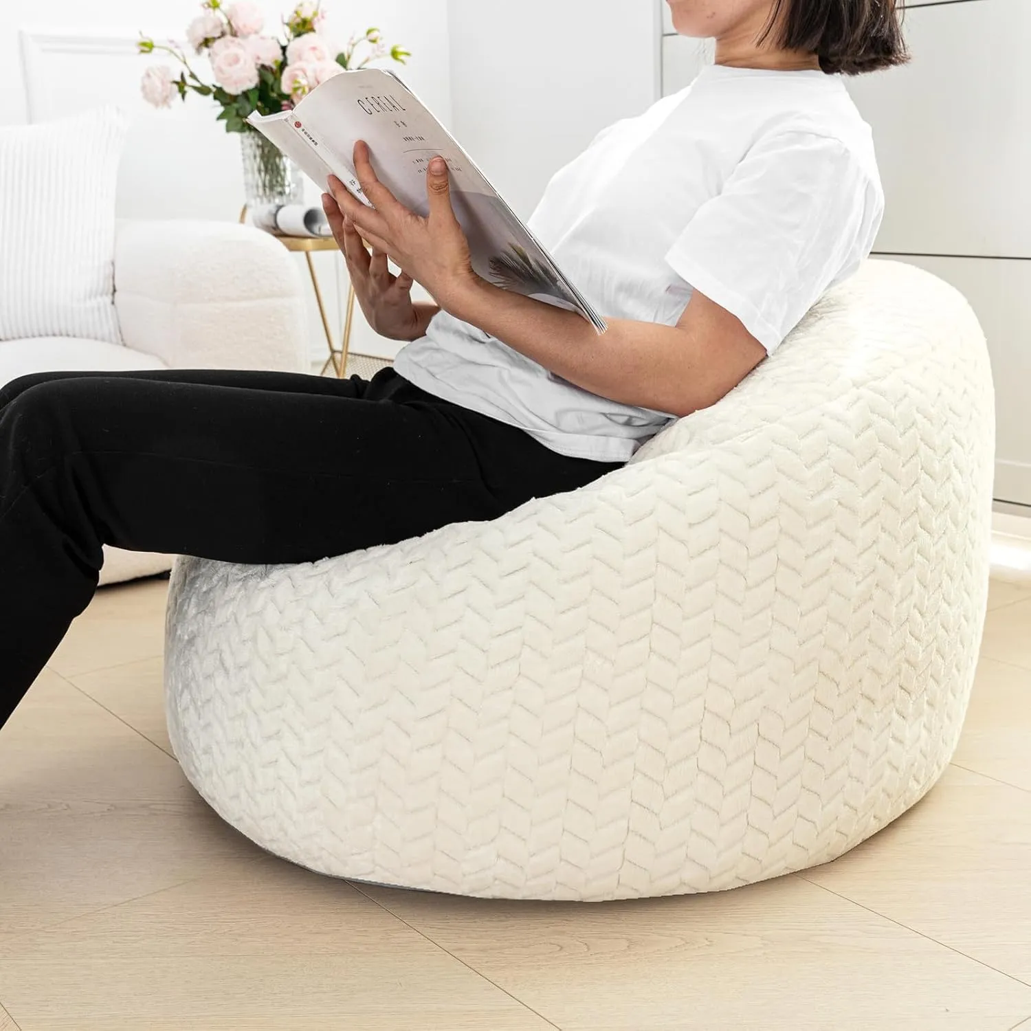 Bean Bag Chairs Cover No Filler Soft Washable Plush Fiber Adult Beanbag Chair Fuzzy Fur Cover Without Filling Cream Bean Bag Cover
