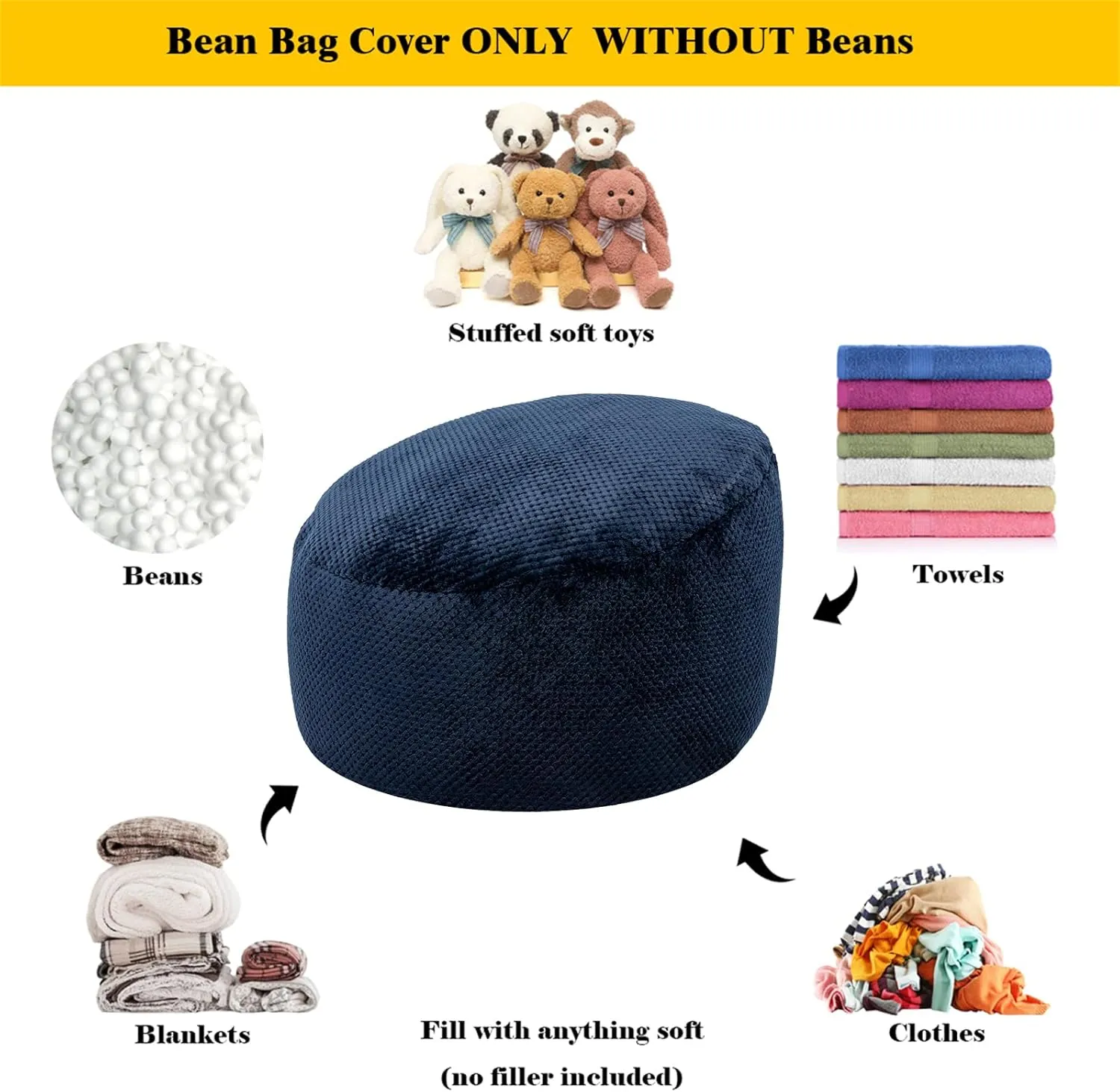 Bean Bag Chairs Cover No Filler Soft Washable Plush Fiber Adult Beanbag Chair Fuzzy Fur Cover Without Filling Navy Blue Bean Bag Cover