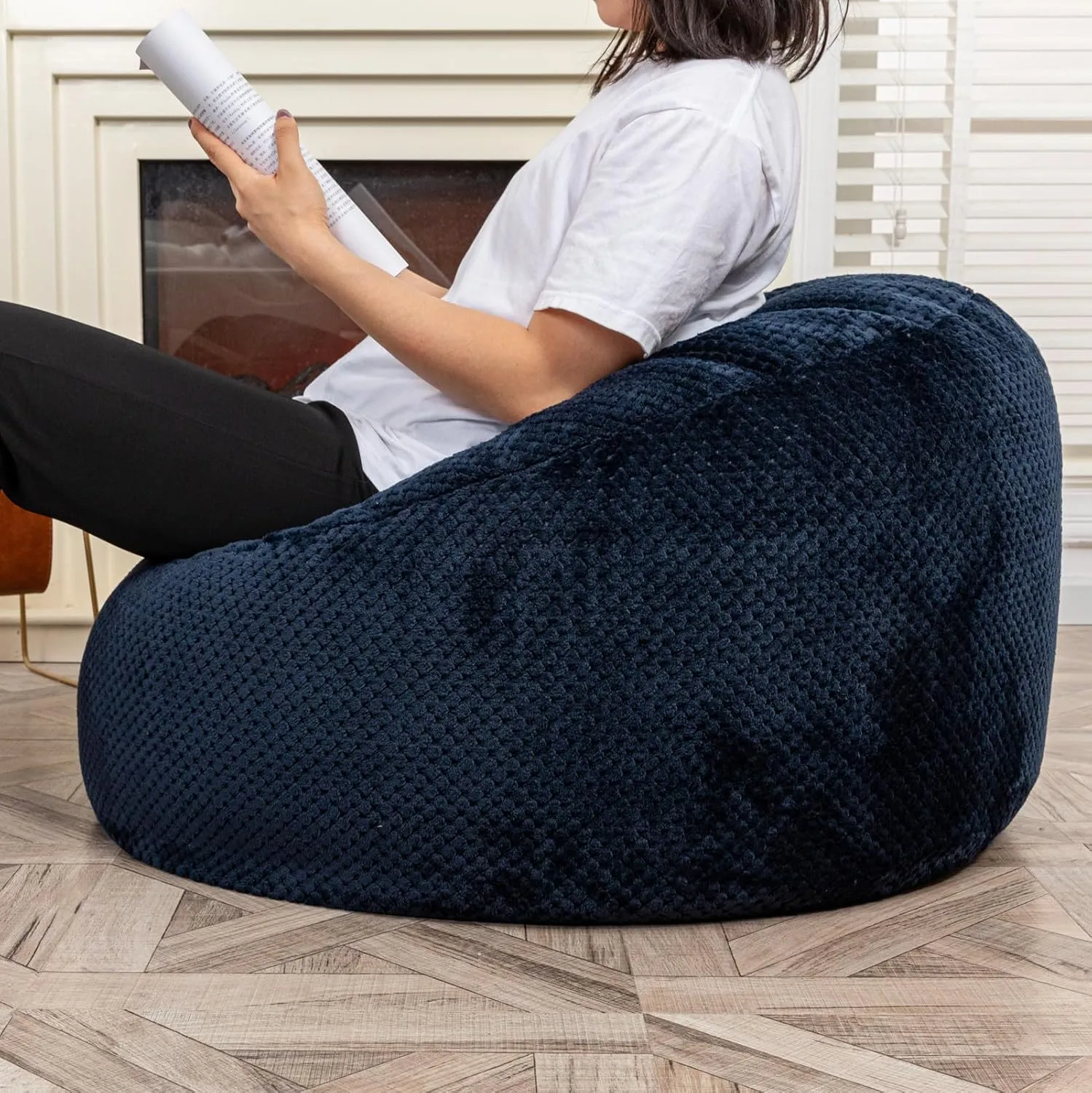 Bean Bag Chairs Cover No Filler Soft Washable Plush Fiber Adult Beanbag Chair Fuzzy Fur Cover Without Filling Navy Blue Bean Bag Cover