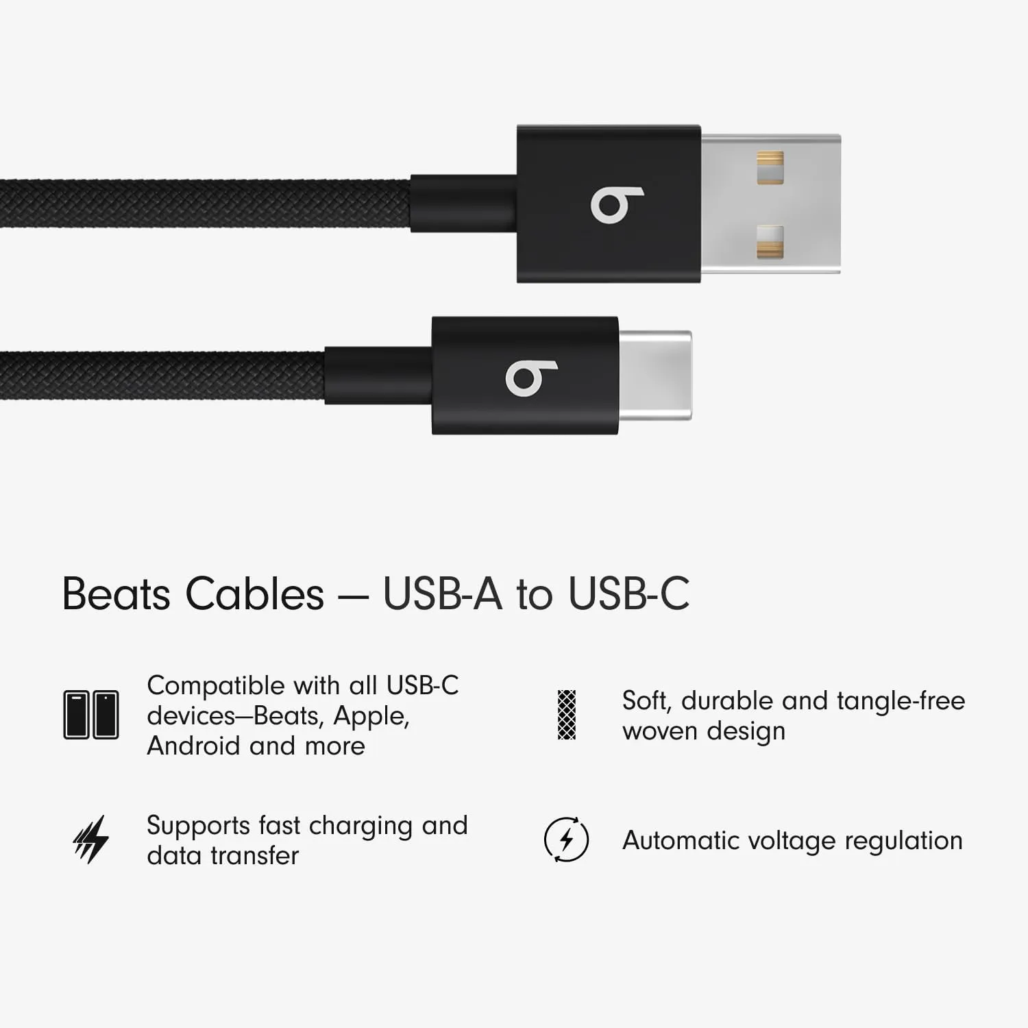Beats USB-A to USB-C Woven Cable Fast Charging Durable and Tangle-Free Design Compatible Charger for Apple & Android USB-C Devices (1.5 m, 5 ft) - Bolt Black