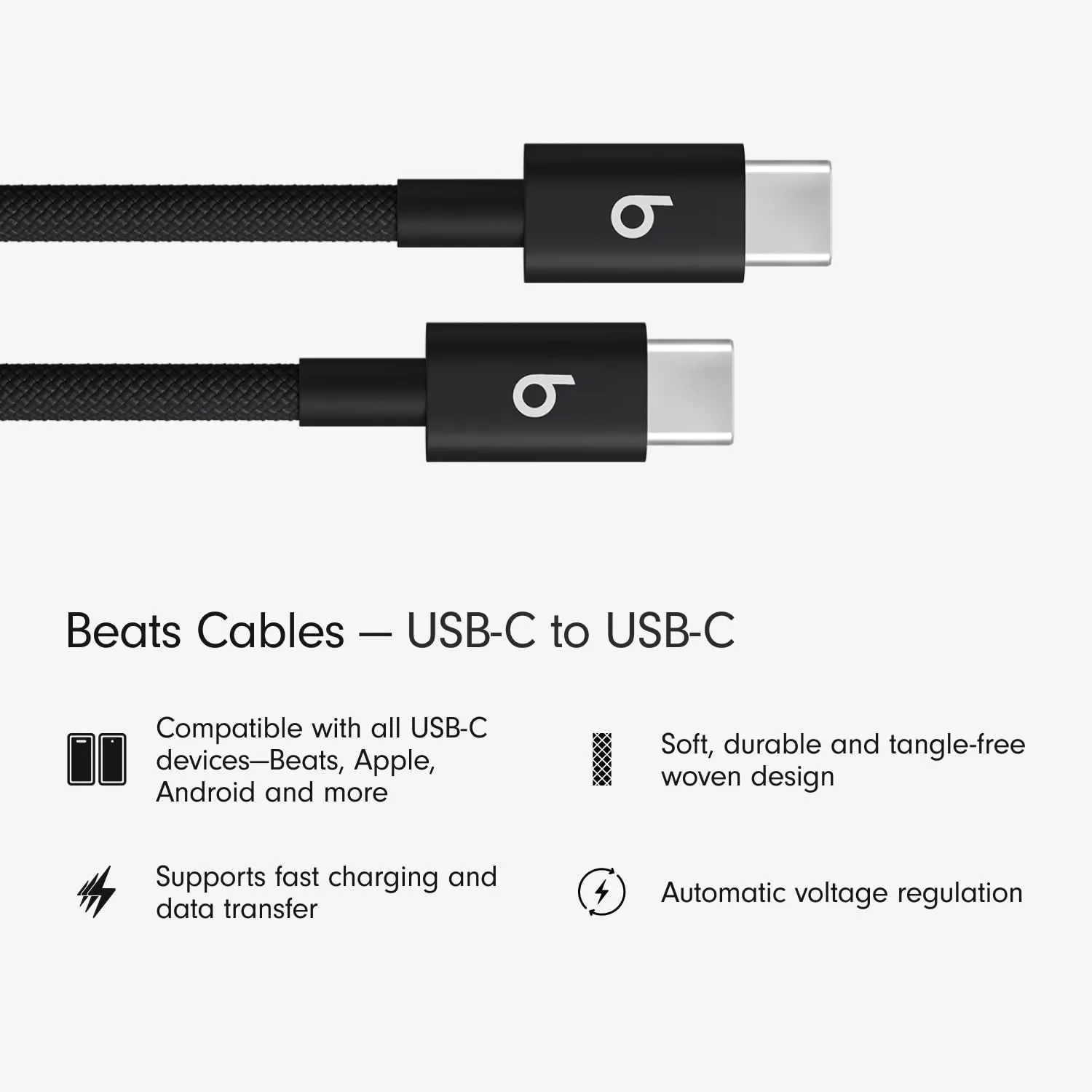 Beats USB-C to USB-C Woven Cable 2 Pack Fast Charging Durable/Tangle-Free Compatible Charger for Apple & Android Devices (1.5 m, 5 ft) - Bolt Black