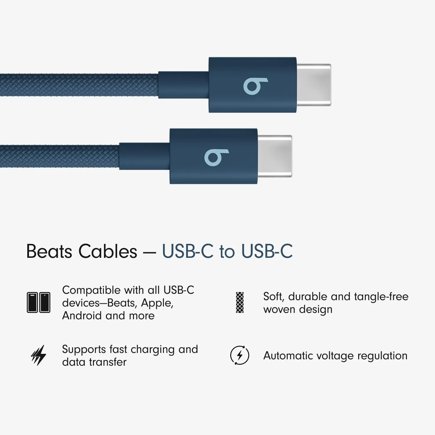 Beats USB-C to USB-C Woven Cable Fast Charging Durable/Tangle-Free Compatible Charger for Apple & Android USB-C Devices (1.5 m, 5 ft) - Nitro Navy