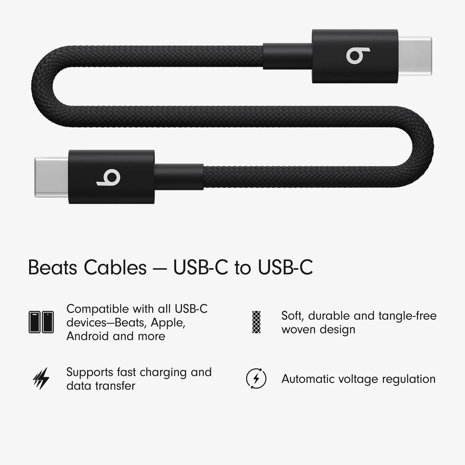 Beats USB-C to USB-C Woven Short Cable Fast Charging Durable/Tangle-Free Compatible Charger for Apple & Android USB-C Devices (20 cm) - Bolt Black