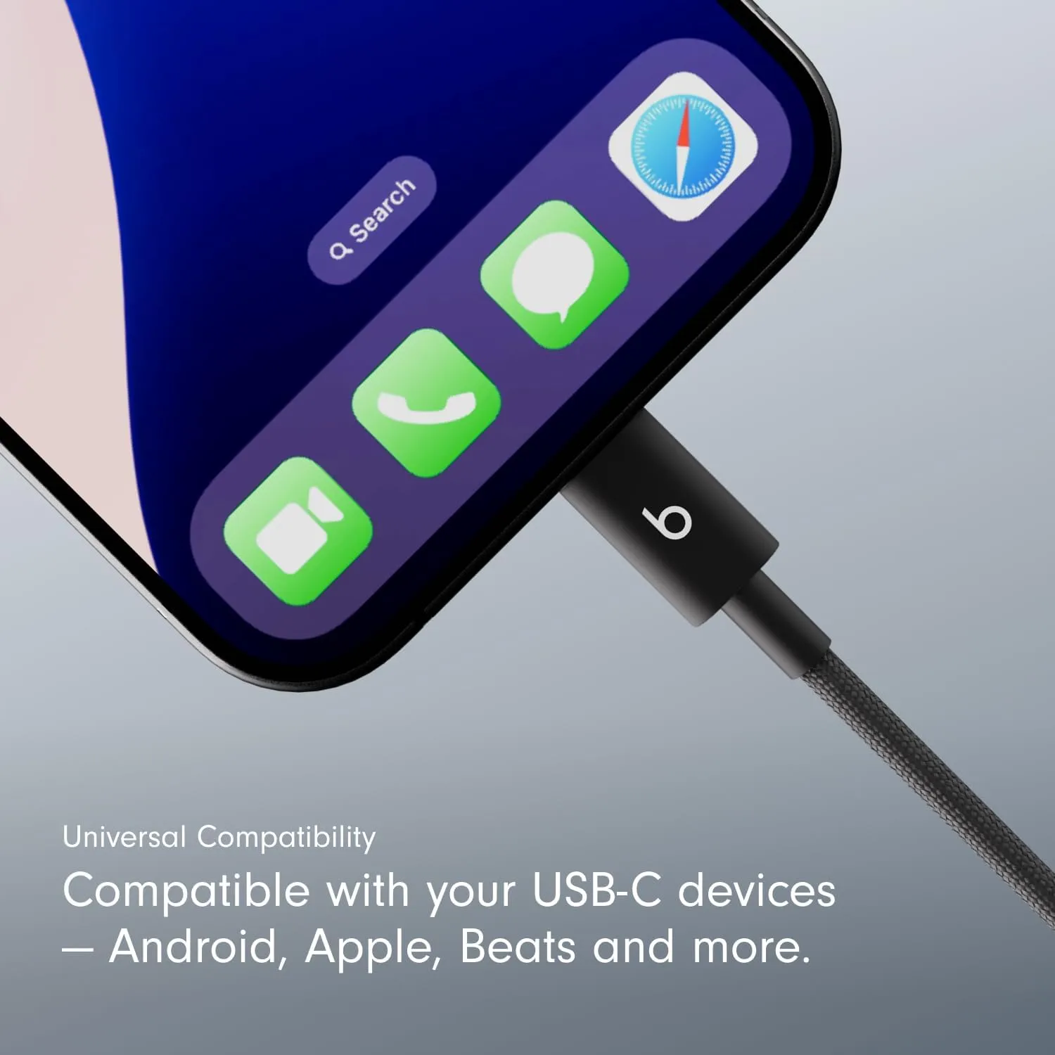 Beats USB-C to USB-C Woven Short Cable Fast Charging Durable/Tangle-Free Compatible Charger for Apple & Android USB-C Devices (20 cm) - Bolt Black