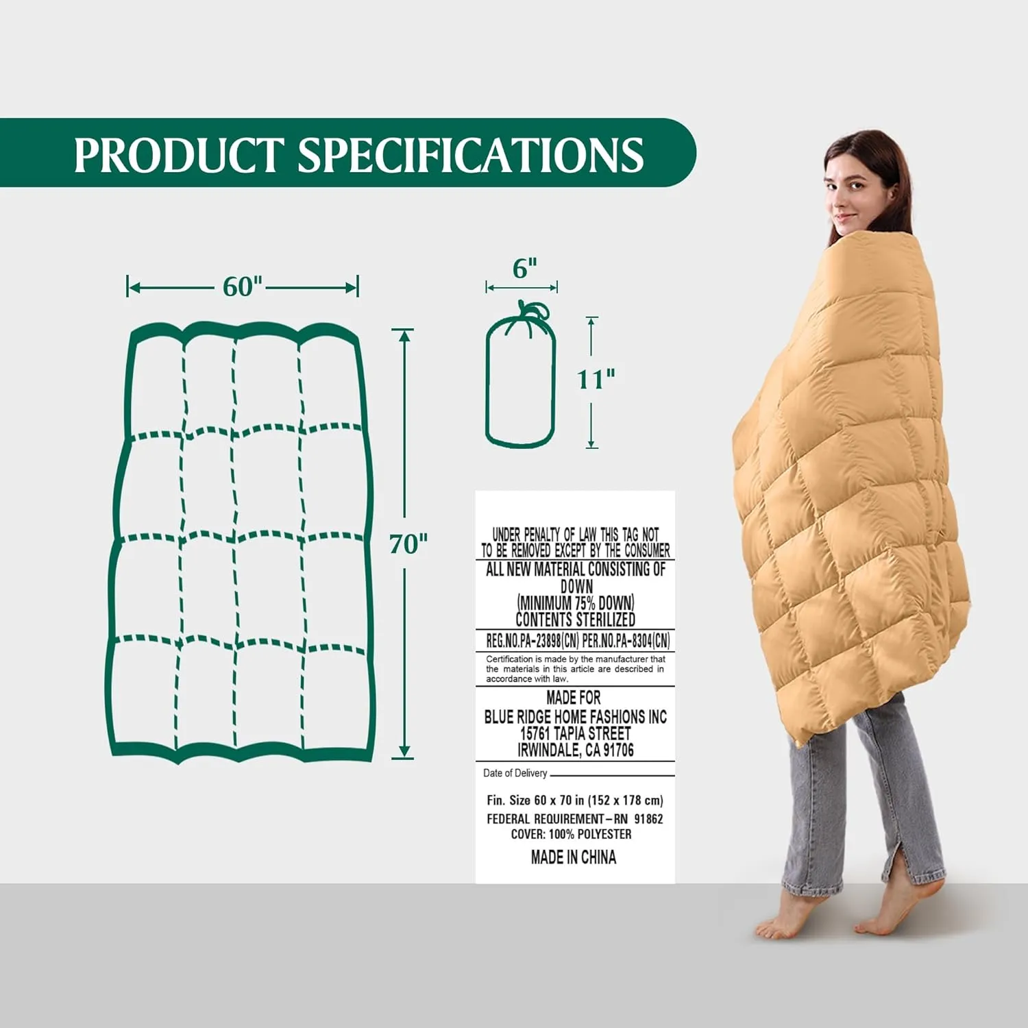 Beautyrest Packable Down Throw Blanket for Couch,Bed Comforter, Sofa Blanket Throw with Pouch | 650 Fill Power Soft Fuzzy Down Throw for Indoor and Outdoor, 60X70''