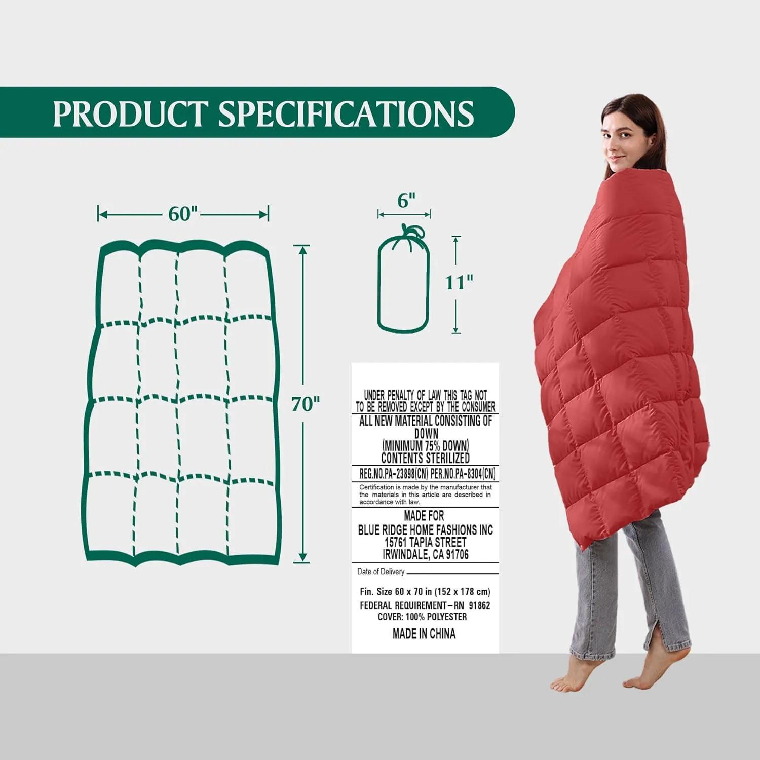 Beautyrest Packable Down Throw Blanket for Couch,Bed Comforter, Sofa Blanket Throw with Pouch | 650 Fill Power Soft Fuzzy Down Throw for Indoor and Outdoor, 60X70''