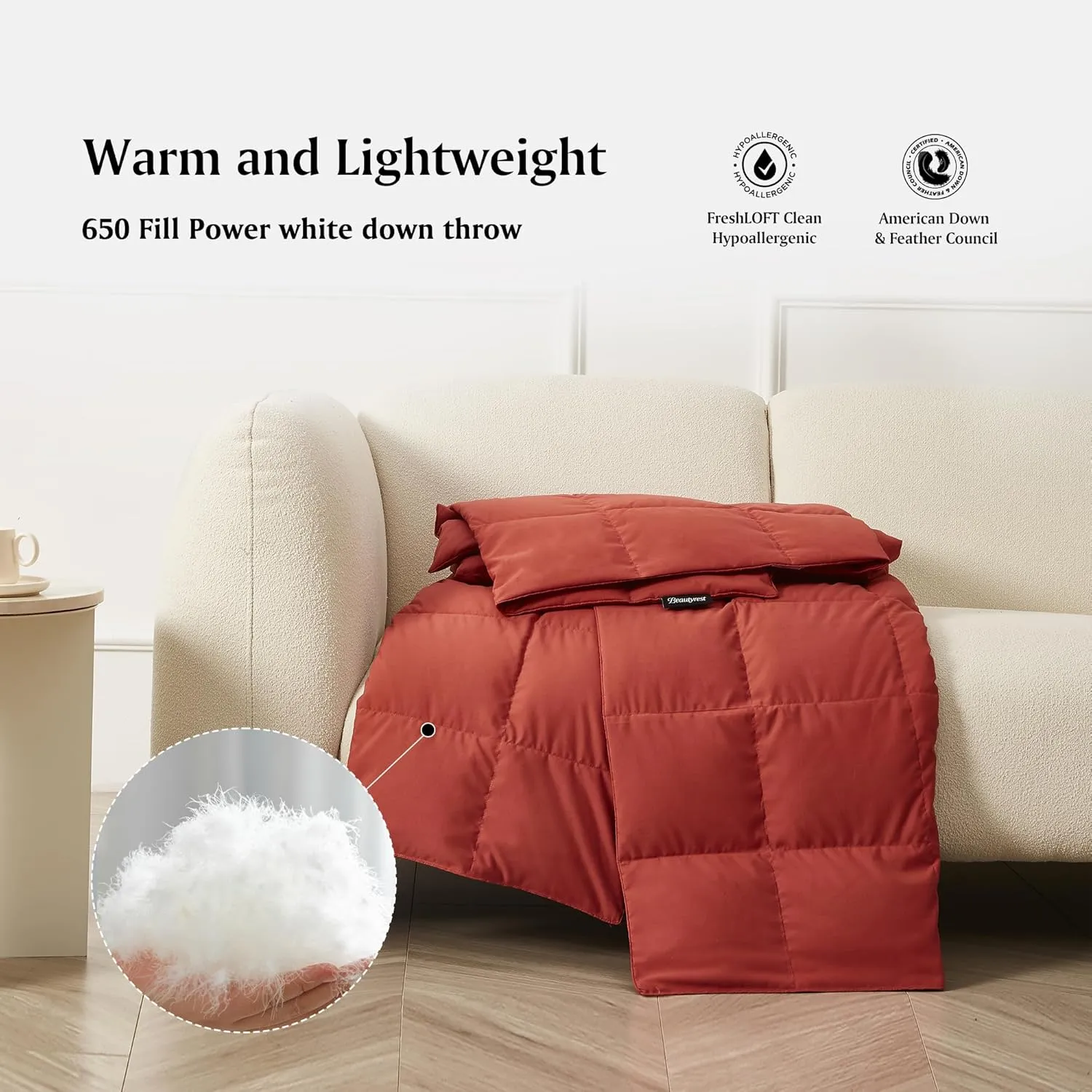 Beautyrest Packable Down Throw Blanket for Couch,Bed Comforter, Sofa Blanket Throw with Pouch | 650 Fill Power Soft Fuzzy Down Throw for Indoor and Outdoor, 60X70''