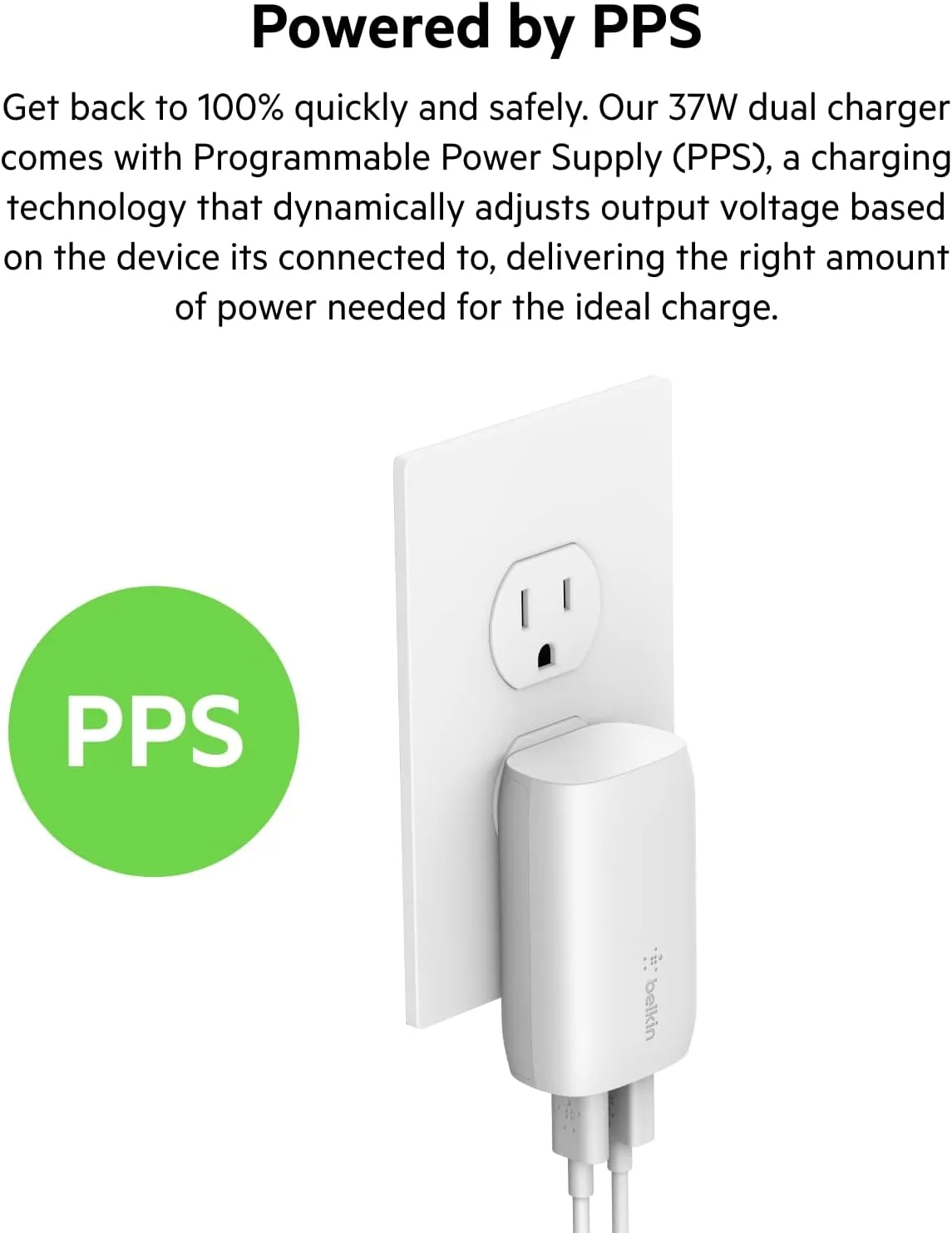 Belkin 37W USB-C Wall Charger - Power Delivery 25W USB-C Port   12W USB-A Port for PPS Charging Apple iPhone 16, 16 Plus, 16 Pro, 16 Pro Max, 15 Pro, Samsung Galaxy S25,Nintendo Switch 2 & More