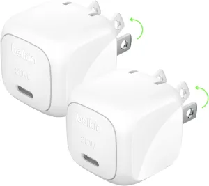 Belkin Compact Wall Charger 20W, USB-C Power Delivery Fast Charging for Apple iPhone 16, 15, 14, 13, Plus, Pro, Pro Max, Samsung Galaxy S25, S24, Google Pixel 9, iPad, AirPods, & More - White (2-Pack)