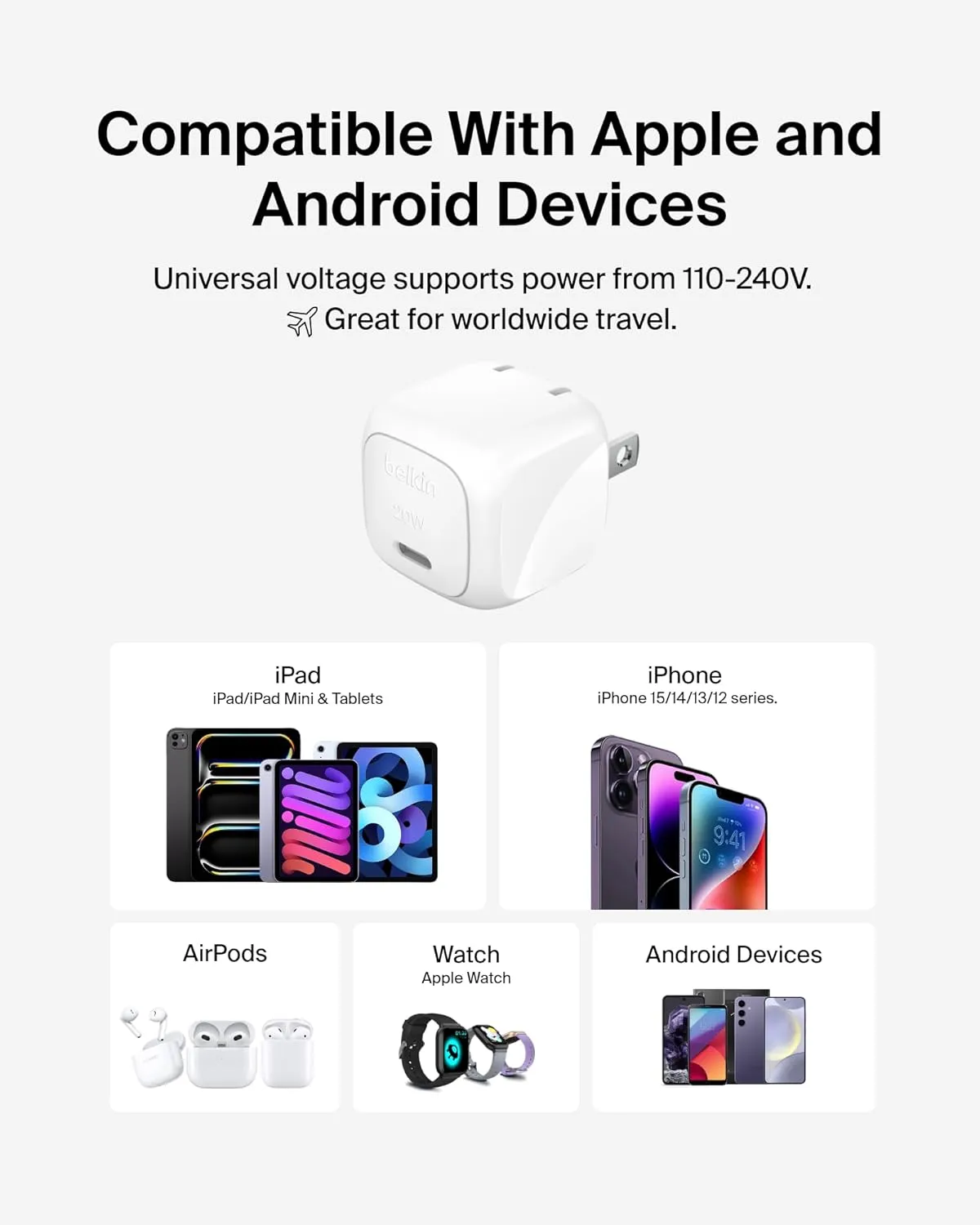 Belkin Compact Wall Charger 20W, USB-C Power Delivery Fast Charging for Apple iPhone 16, 15, 14, 13, Plus, Pro, Pro Max, Samsung Galaxy S25, S24, Google Pixel 9, iPad, AirPods, & More - White (2-Pack)