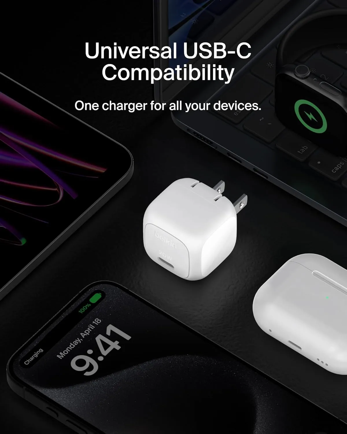 Belkin Compact Wall Charger 20W, USB-C Power Delivery Fast Charging for Apple iPhone 16, 15, 14, 13, Plus, Pro, Pro Max, Samsung Galaxy S25, S24, Google Pixel 9, iPad, AirPods, & More - White (2-Pack)
