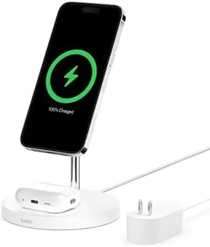 Belkin MagSafe 2-in-1 Wireless Charging Stand for iPhone 16, 15, 14, 13 & AirPods - MagSafe Fast Charging Station - White