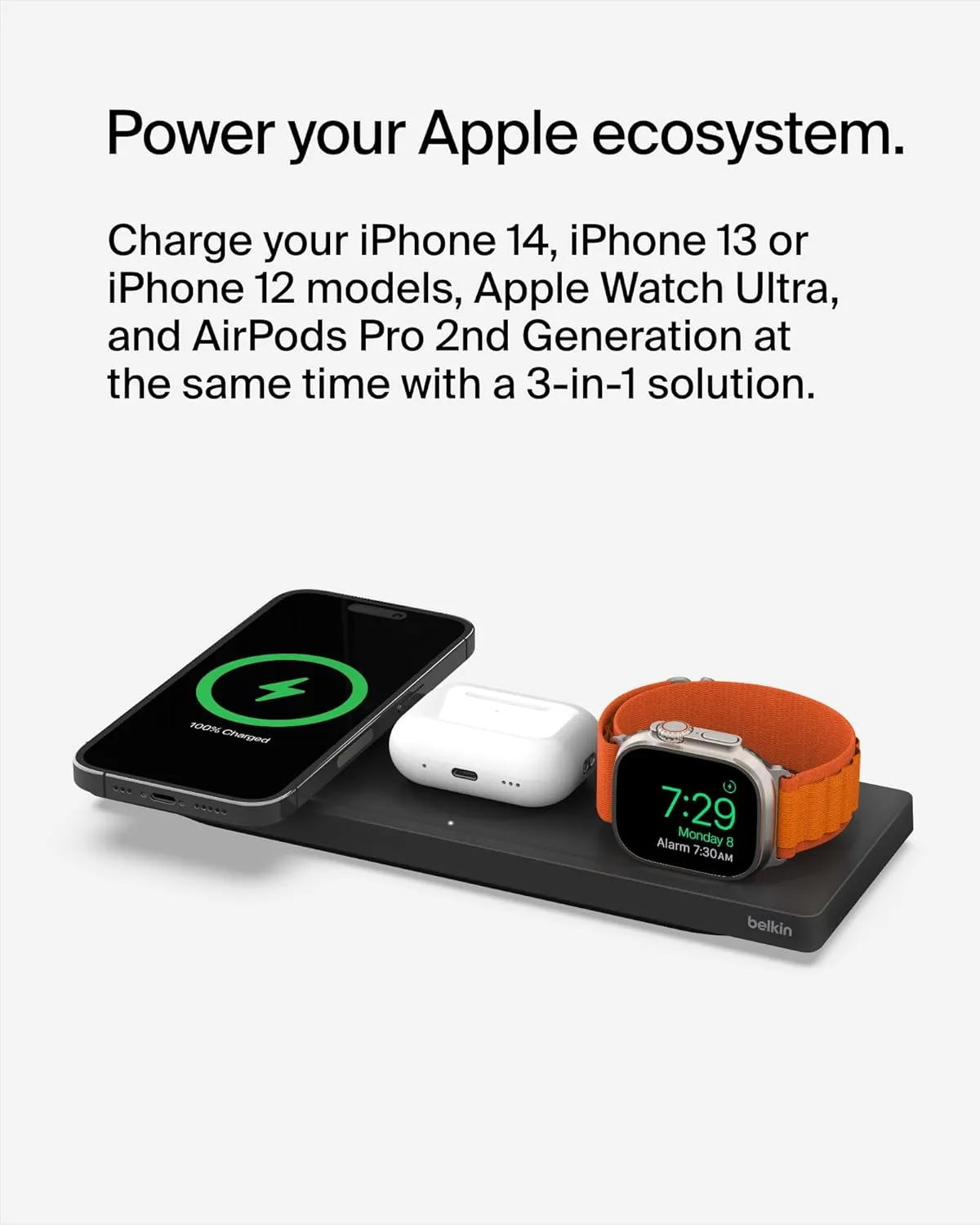 Belkin MagSafe 3-in-1 Wireless Charging Pad - Fast Wireless Charging for Apple Watch, iPhone 16, iPhone 15, iPhone 14, & iPhone 12 Series, & AirPods - Charging Station for Multiple Devices - Black