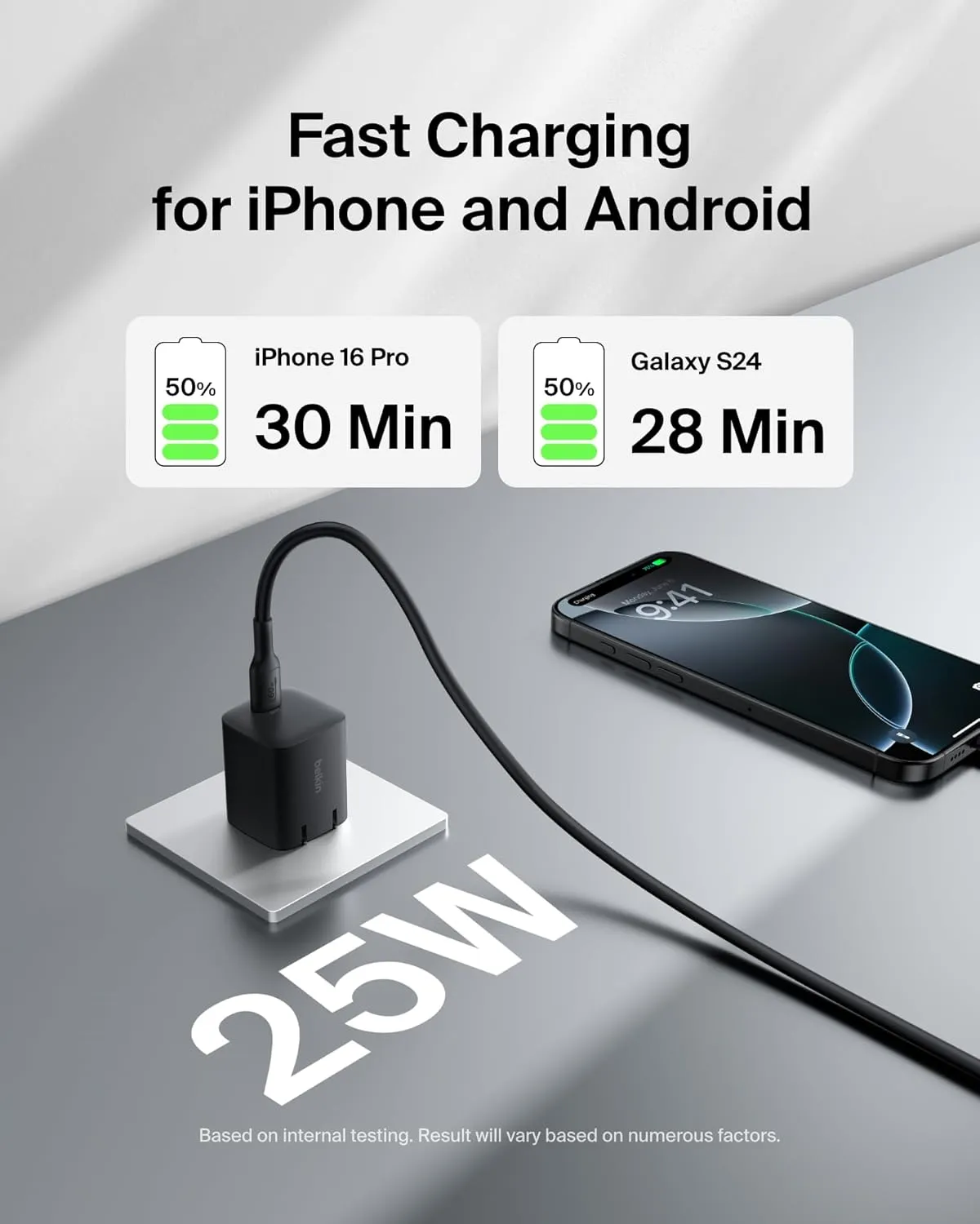 Belkin USB-C Wall Charger 25W w/ 60W USB-C Cable (3.3ft, 1M) - PD 3.0 Fast Charging with PPS for Apple iPhone 16 Series, iPad Pro, Samsung Galaxy S25, Google Pixel 9, and More - Black (2-Pack)