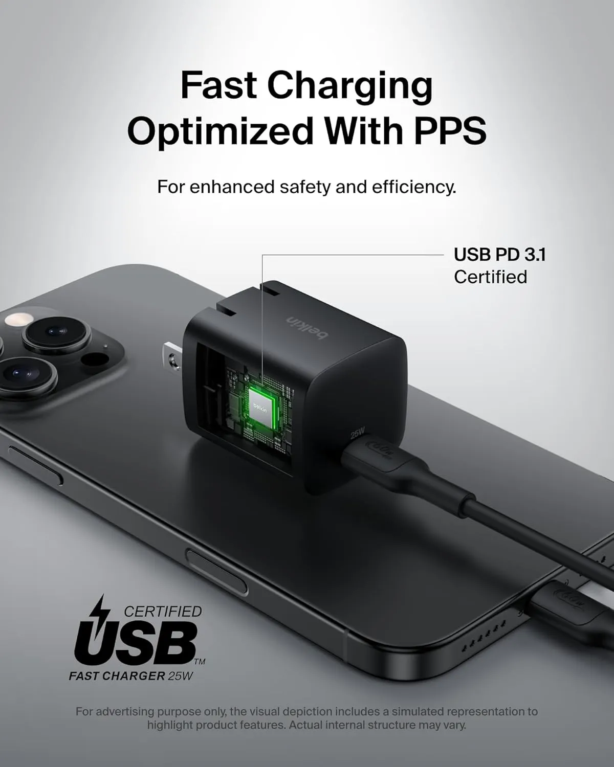 Belkin USB-C Wall Charger 25W w/ 60W USB-C Cable (3.3ft, 1M) - PD 3.0 Fast Charging with PPS for Apple iPhone 16 Series, iPad Pro, Samsung Galaxy S25, Google Pixel 9, and More - Black (2-Pack)
