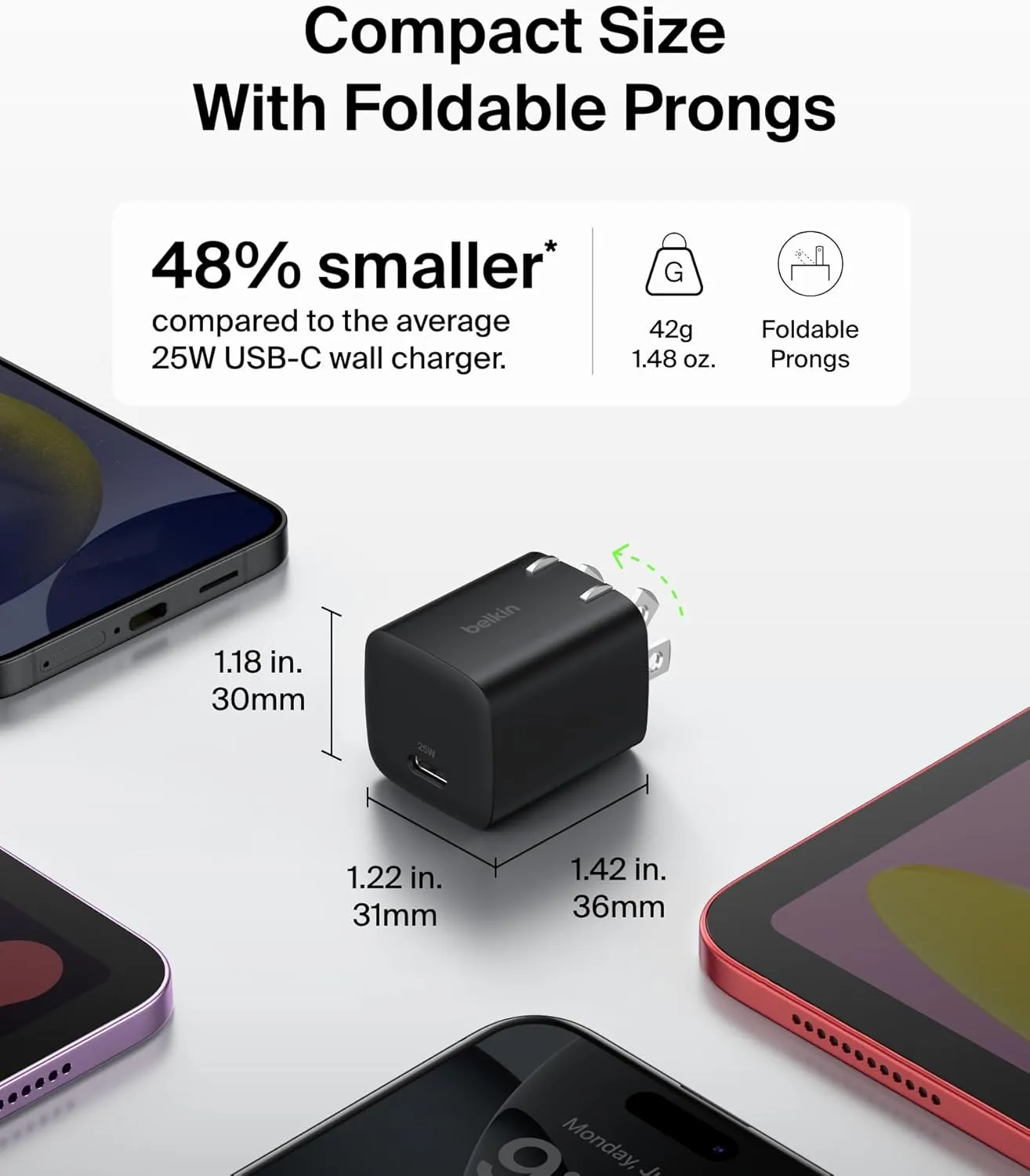 Belkin USB-C Wall Charger 25W w/ 60W USB-C Cable (3.3ft, 1M) - PD 3.0 Fast Charging with PPS for Apple iPhone 16 Series, iPad Pro, Samsung Galaxy S25, Google Pixel 9, and More - Black (2-Pack)