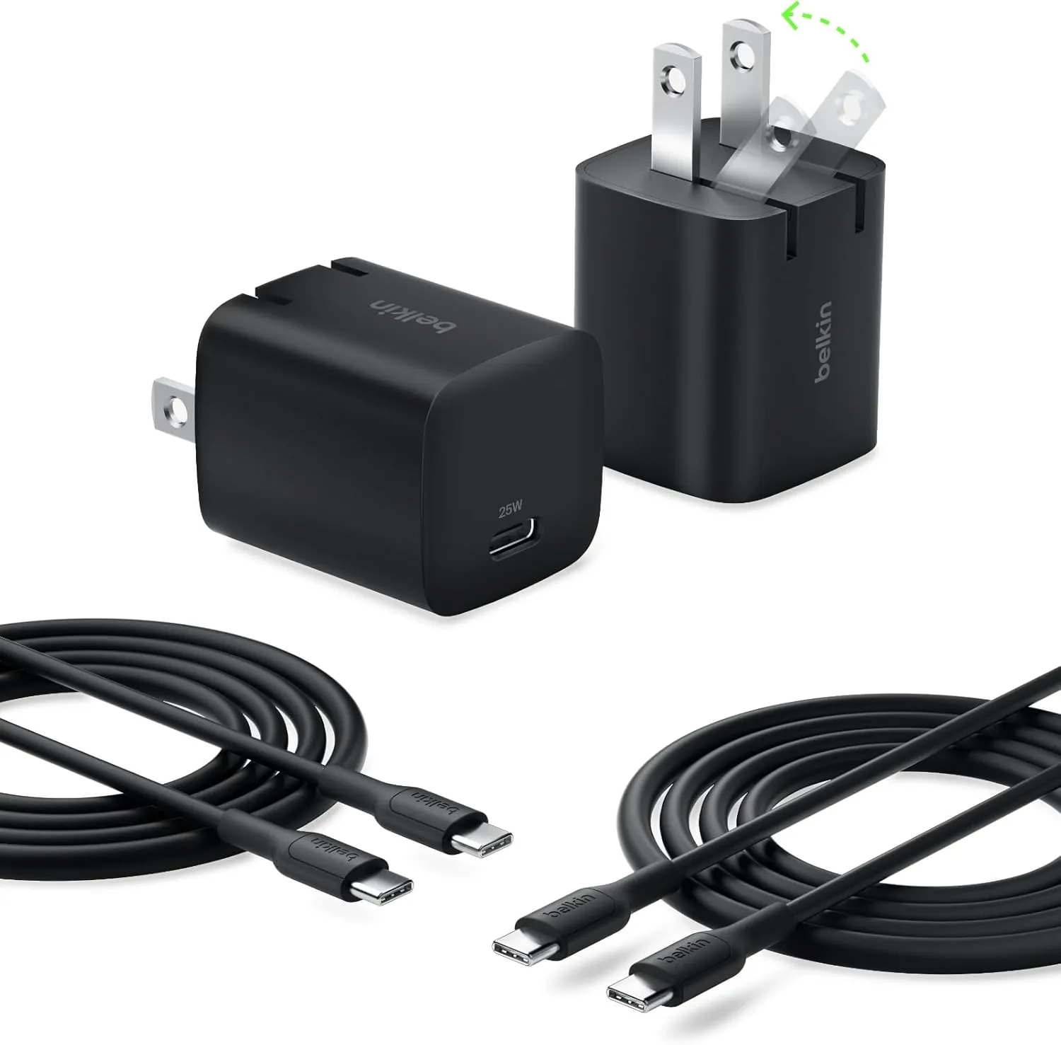 Belkin USB-C Wall Charger 25W w/ 60W USB-C Cable (3.3ft, 1M) - PD 3.0 Fast Charging with PPS for Apple iPhone 16 Series, iPad Pro, Samsung Galaxy S25, Google Pixel 9, and More - Black (2-Pack)