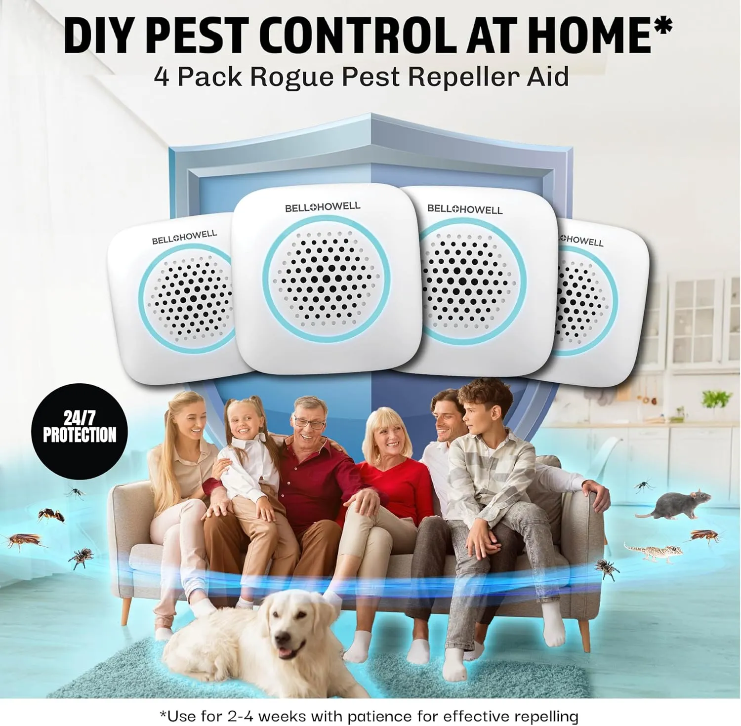 Bell Howell Ultrasonic Pest Repeller Indoor 4 Pk, Mice Repellent Indoor Home Kit, DIY Pest Control at Home, Plug in Spider Repellent, Rodent Repellent, Bug, Insect & More, Family and Pet Safe