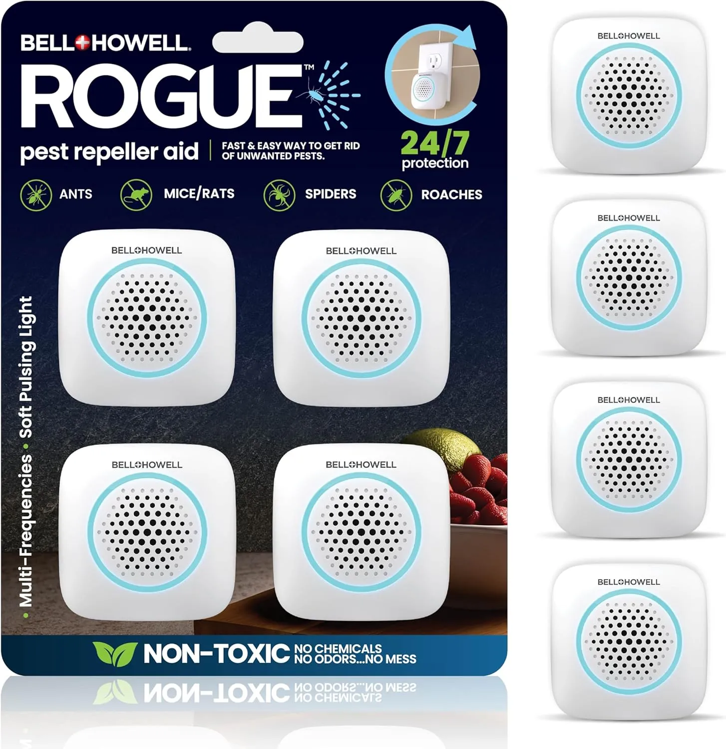 Bell Howell Ultrasonic Pest Repeller Indoor 4 Pk, Mice Repellent Indoor Home Kit, DIY Pest Control at Home, Plug in Spider Repellent, Rodent Repellent, Bug, Insect & More, Family and Pet Safe