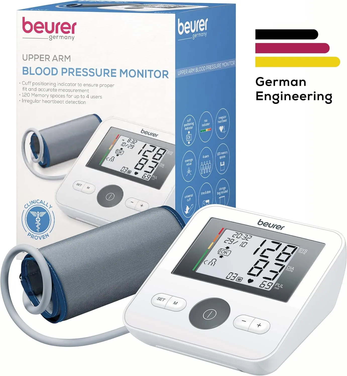 Beurer BM27 Upper Arm Blood Pressure Monitor for Home Use with Automatic Adjustable Cuff, 120 Memory Sets, Irregular Heart Rate Detection, Risk Indicator, and Storage Bag