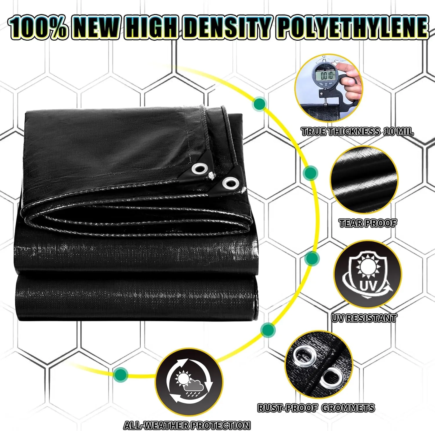 Black Tarp 6x12 Feet, 10 Mil Thick Waterproof Poly Tarps Cover UV Resistant, Rip & Tear Proof with Metal Grommets Every 20 Inches