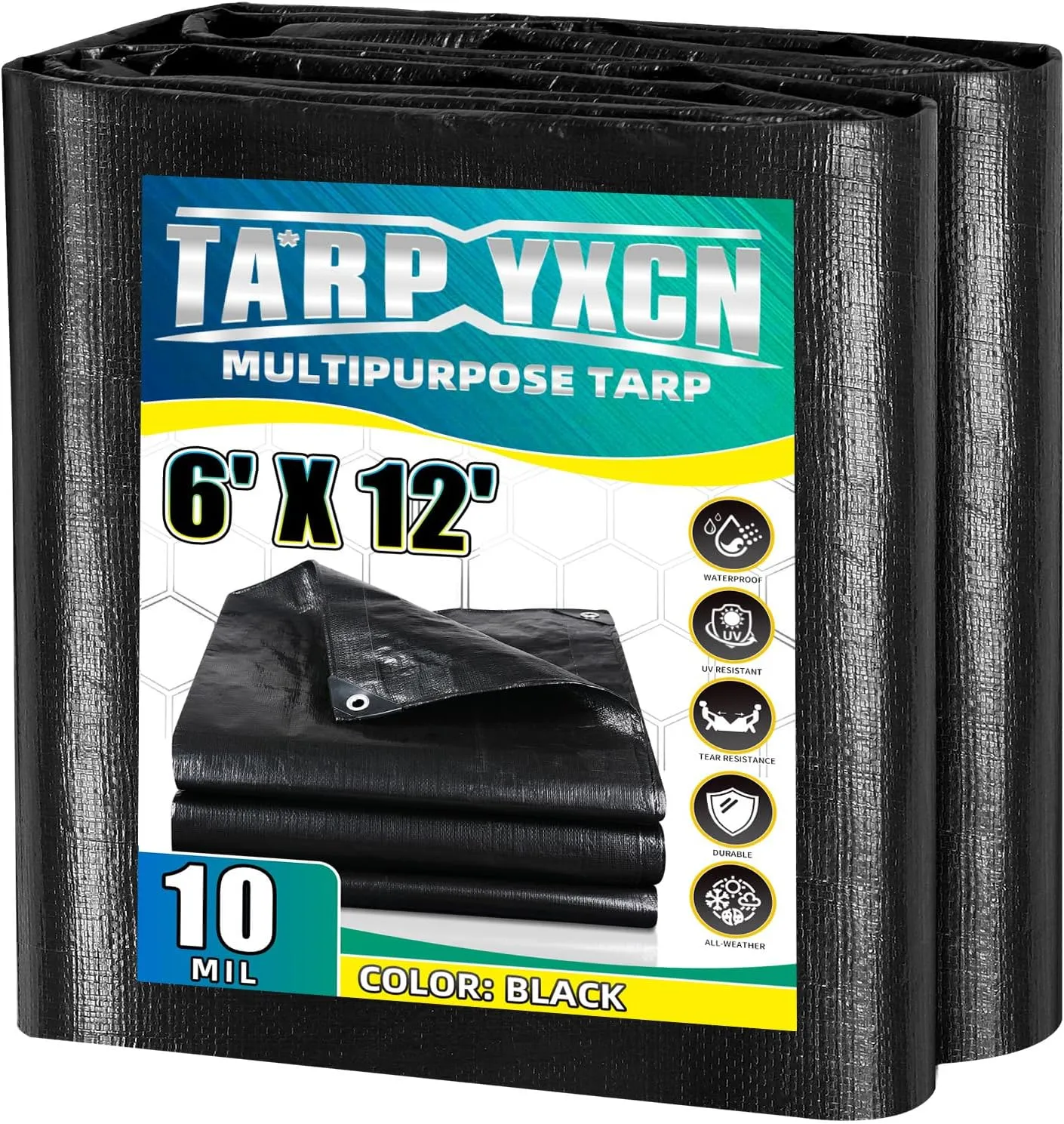 Black Tarp 6x12 Feet, 10 Mil Thick Waterproof Poly Tarps Cover UV Resistant, Rip & Tear Proof with Metal Grommets Every 20 Inches