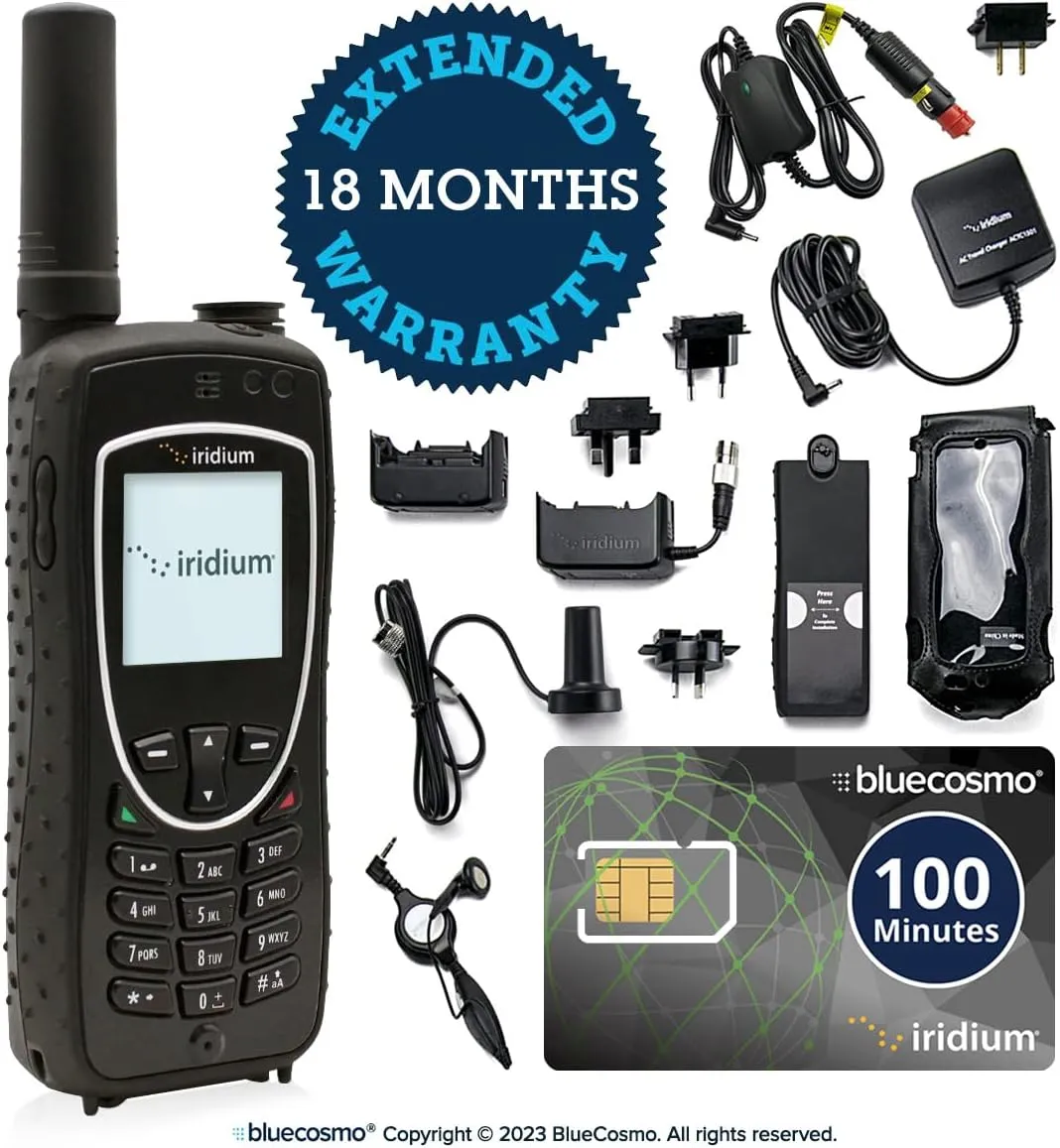 BlueCosmo Iridium Extreme Satellite Phone & 100 Minute 30 Day Global Prepaid SIM Card - Voice, SMS Text Messaging, GPS Tracking, Emergency SOS - Online Activation - 24/7