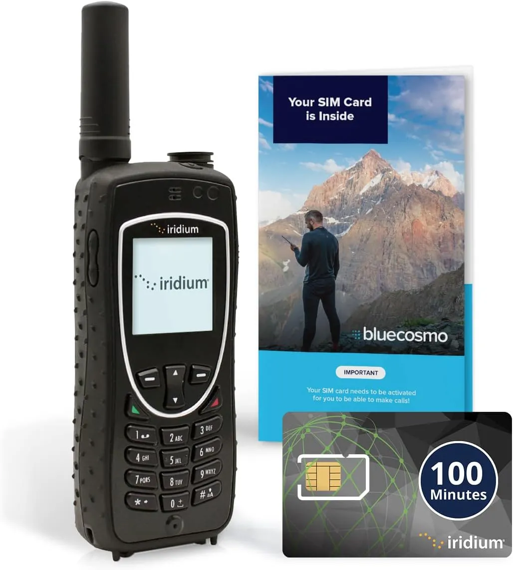 BlueCosmo Iridium Extreme Satellite Phone & 100 Minute 30 Day Global Prepaid SIM Card - Voice, SMS Text Messaging, GPS Tracking, Emergency SOS - Online Activation - 24/7