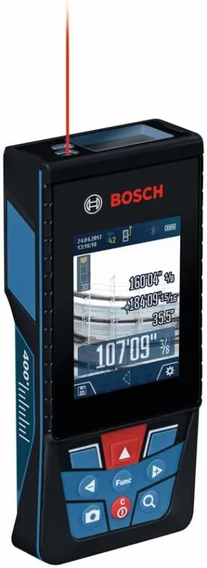 BOSCH GLM400CL 400 Ft Blaze Outdoor Connected Laser Measure, Includes 1.0 Ah 3.7V Lithium-Ion Battery & Charger, Micro USB Cable, Hand Strap, & Pouch