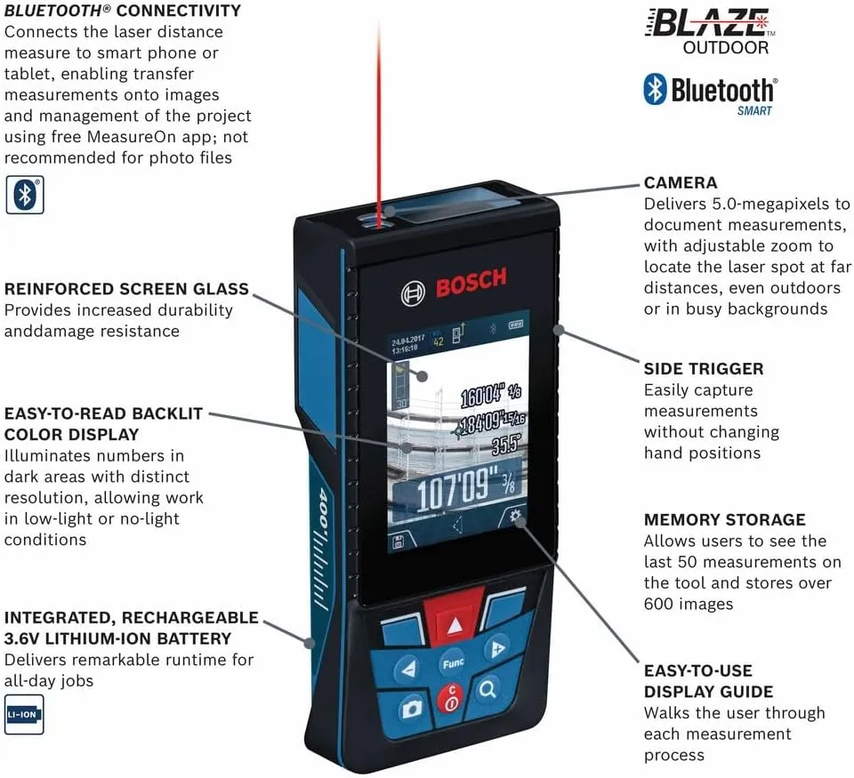 BOSCH GLM400CL 400 Ft Blaze Outdoor Connected Laser Measure, Includes 1.0 Ah 3.7V Lithium-Ion Battery & Charger, Micro USB Cable, Hand Strap, & Pouch