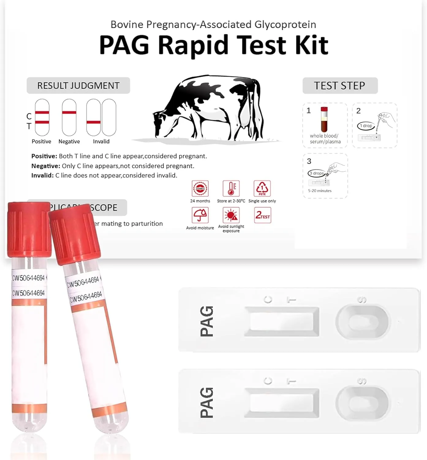 Bovine Pregnancy Test Kit - Includes 2 Tests, Rapid Results in 5-20 Minutes for Dairy & Beef Cows, Whole Blood, Serum & Plasma-Based Tests