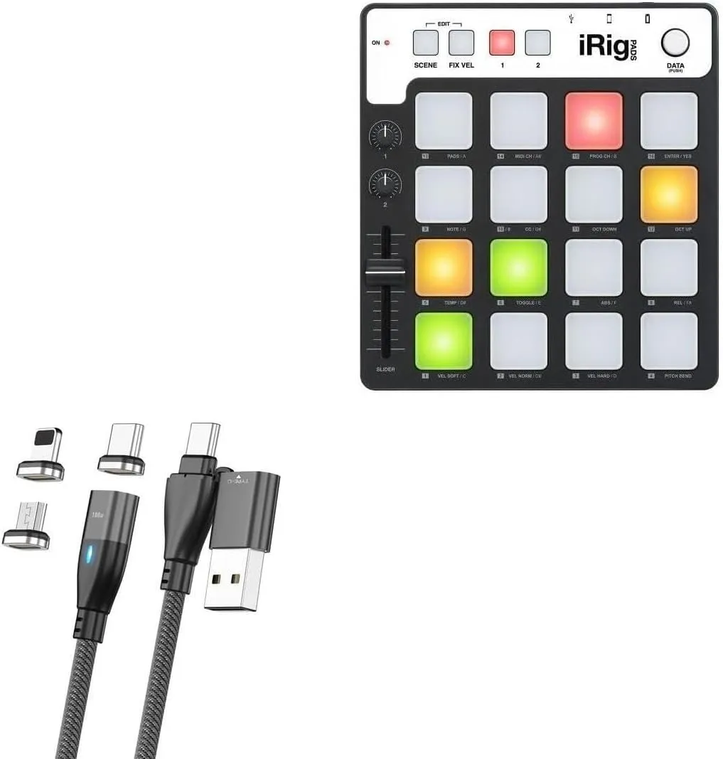 BoxWave Cable Compatible with IK Multimedia iRig Pads - MagnetoSnap PD AllCharge Cable (100W), Magnet Charging Braided USB Type-C Micro - Jet Black
