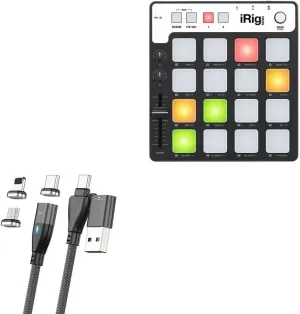 BoxWave Cable Compatible with IK Multimedia iRig Pads - MagnetoSnap PD AllCharge Cable (100W), Magnet Charging Braided USB Type-C Micro - Jet Black