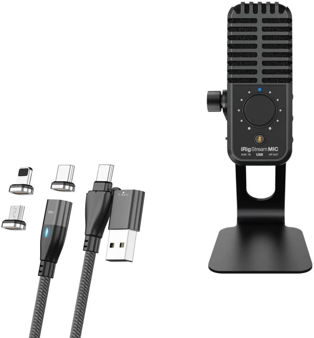 BoxWave Cable Compatible with IK Multimedia iRig Stream Mic USB - MagnetoSnap PD AllCharge Cable (100W), Magnet Charging Braided USB Type-C Micro - Jet Black