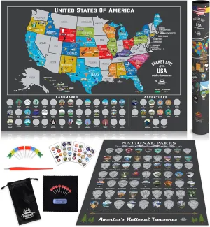 Bright Standards Scratch Off Map of United States   All 63 US National Parks Scratch Off Poster (charcoal/silver), 85 USA Landmarks Travel Map, 50 State Adventure Maps, Journal Gifts for Travelers
