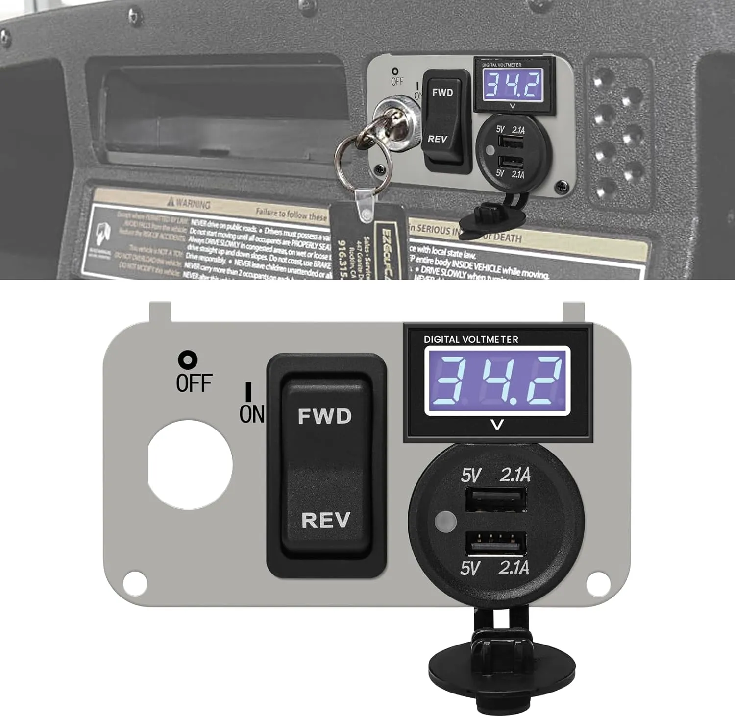 briidea 3 in 1 Multifunctional Integrated Panel with DC 12V-90V 4.2A Dual USB Charger Sockets, LED Wide Range Voltmeter & Forward Reverse Switch, Golf Cart Accessories for EZGO TXT, PDS & Medalist