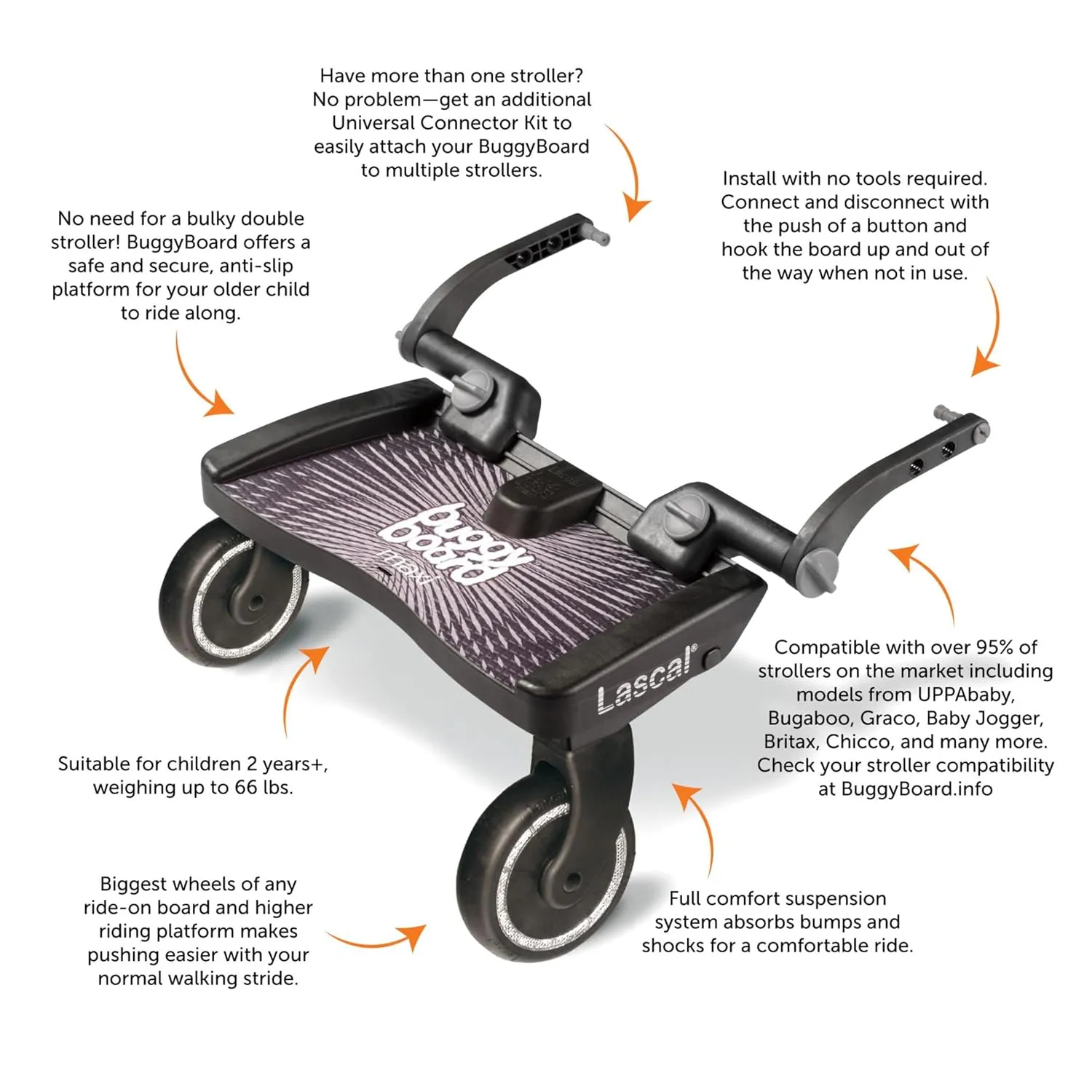 BuggyBoard Maxi Universal Stroller Board, Fits Strollers Including UPPAbaby, Baby Jogger, Bugaboo, No Need for a Double Stroller for Infant and Toddler, Max Weight 66 lbs, Black