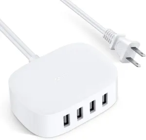 BULL 4 Port USB Charging Station - Multiple Device Charger Block, 6ft USB Charger Cable White, UL Listed