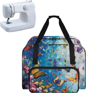 Butterfly Painting Sewing Machine Bag Protector Travel Bag Organizer, Sewing Machine Carrier with Pockets and Handles, Portable Sewing Case Fits for Most Standard Sewing Machines