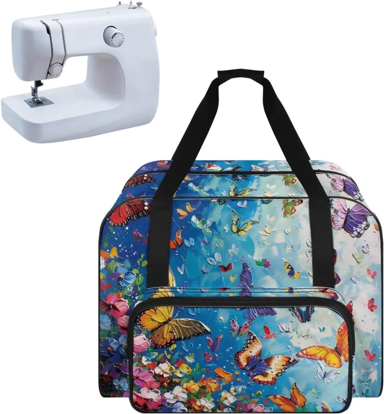 Butterfly Painting Sewing Machine Bag Protector Travel Bag Organizer, Sewing Machine Carrier with Pockets and Handles, Portable Sewing Case Fits for Most Standard Sewing Machines