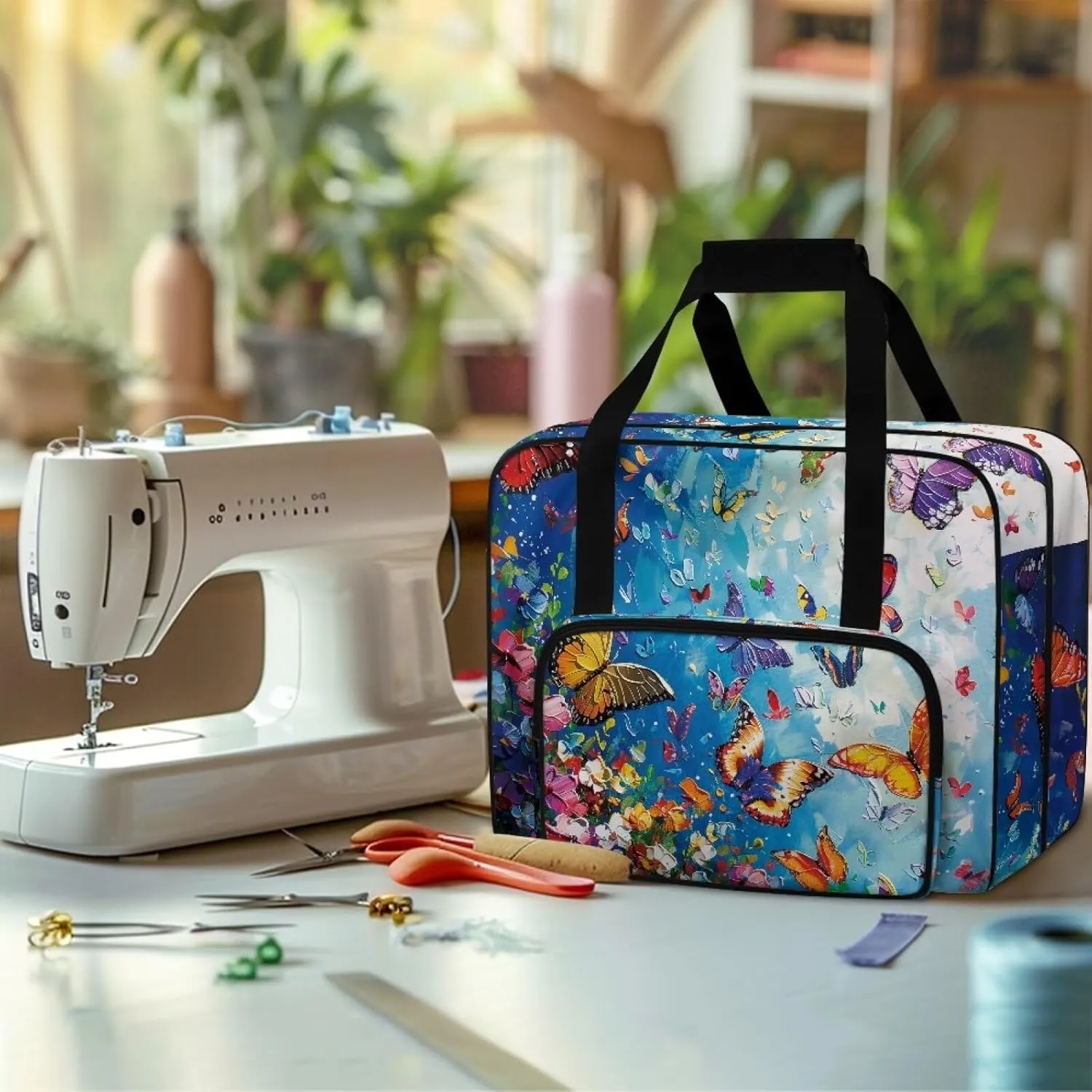 Butterfly Painting Sewing Machine Bag Protector Travel Bag Organizer, Sewing Machine Carrier with Pockets and Handles, Portable Sewing Case Fits for Most Standard Sewing Machines