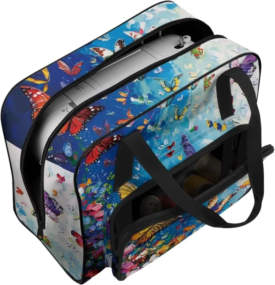 Butterfly Painting Sewing Machine Bag Protector Travel Bag Organizer, Sewing Machine Carrier with Pockets and Handles, Portable Sewing Case Fits for Most Standard Sewing Machines