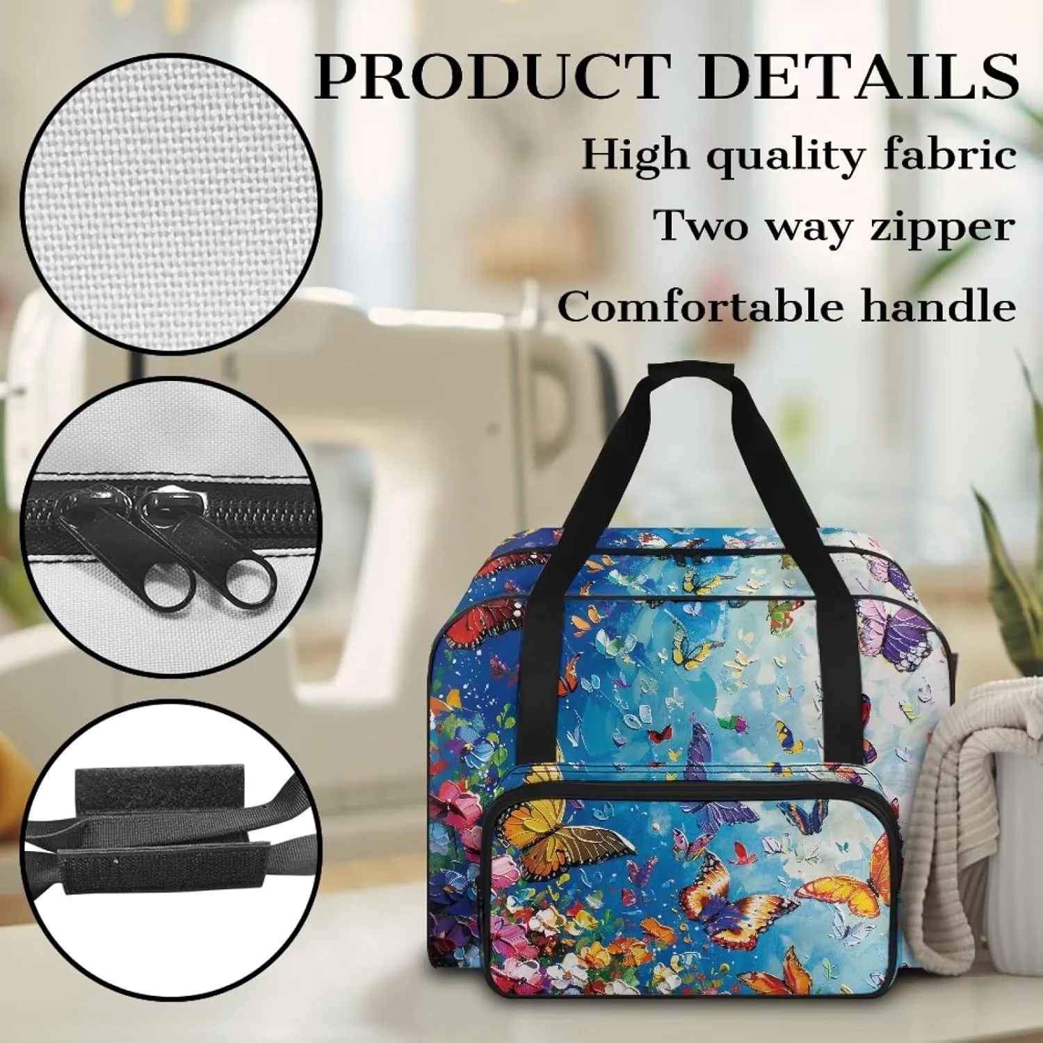 Butterfly Painting Sewing Machine Bag Protector Travel Bag Organizer, Sewing Machine Carrier with Pockets and Handles, Portable Sewing Case Fits for Most Standard Sewing Machines