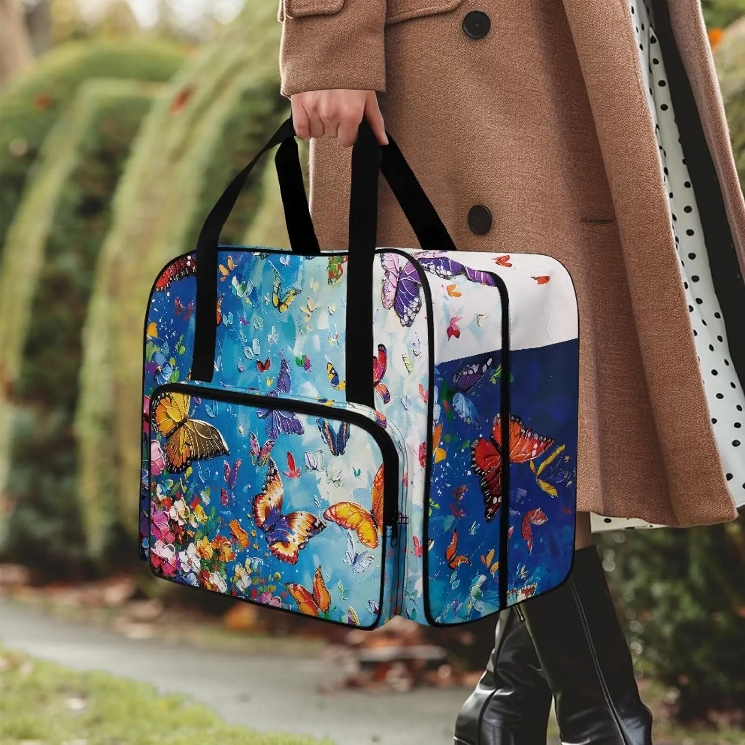 Butterfly Painting Sewing Machine Bag Protector Travel Bag Organizer, Sewing Machine Carrier with Pockets and Handles, Portable Sewing Case Fits for Most Standard Sewing Machines