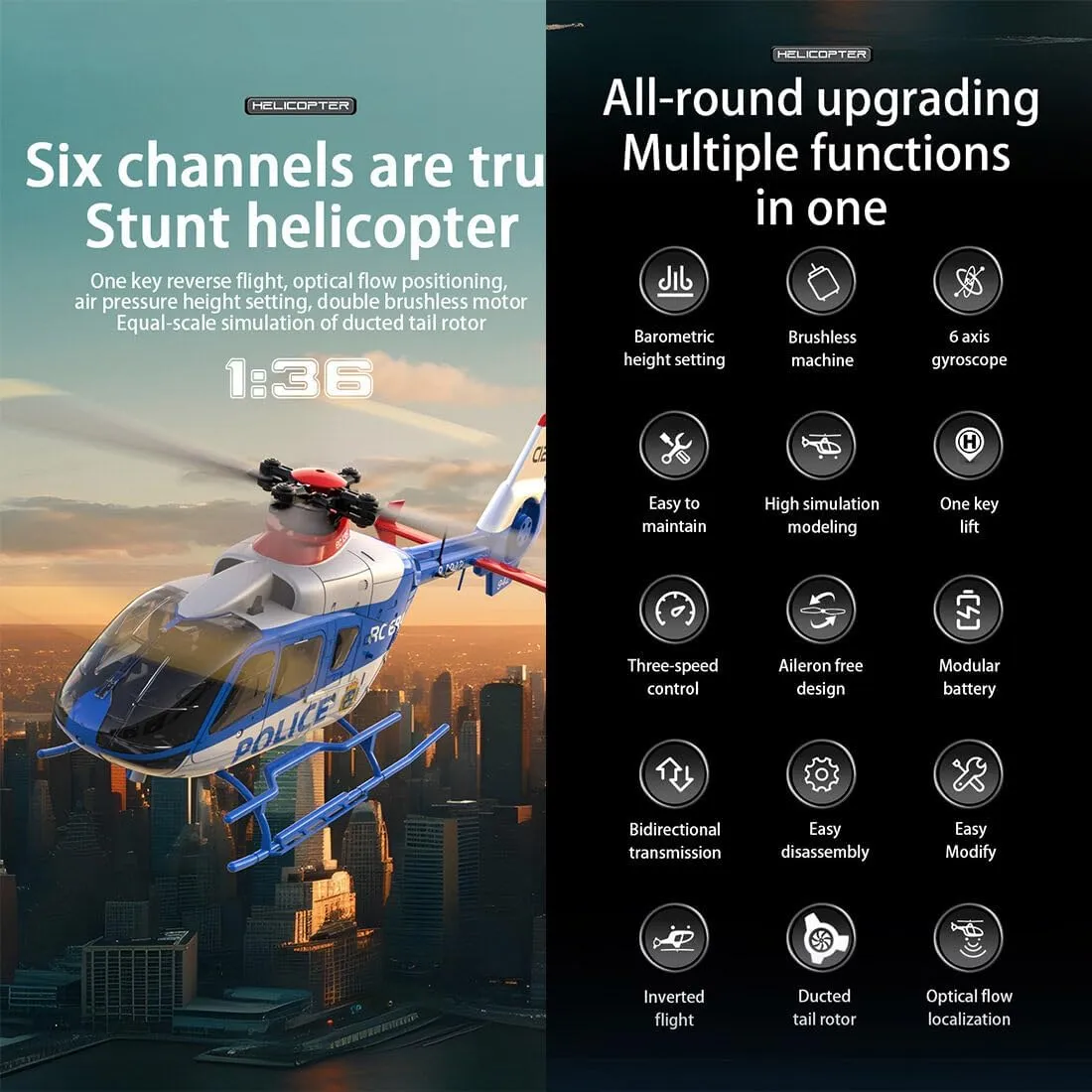 C123 Remote Control Helicopter for Beginners, 1/36 Scale 2.4G 6CH RC Helicopter with 6-Axis Gyro & 3D Rolling / 6G, Flying Aircraft Airplane Model Toy for Adults, RTF - 3 Battery
