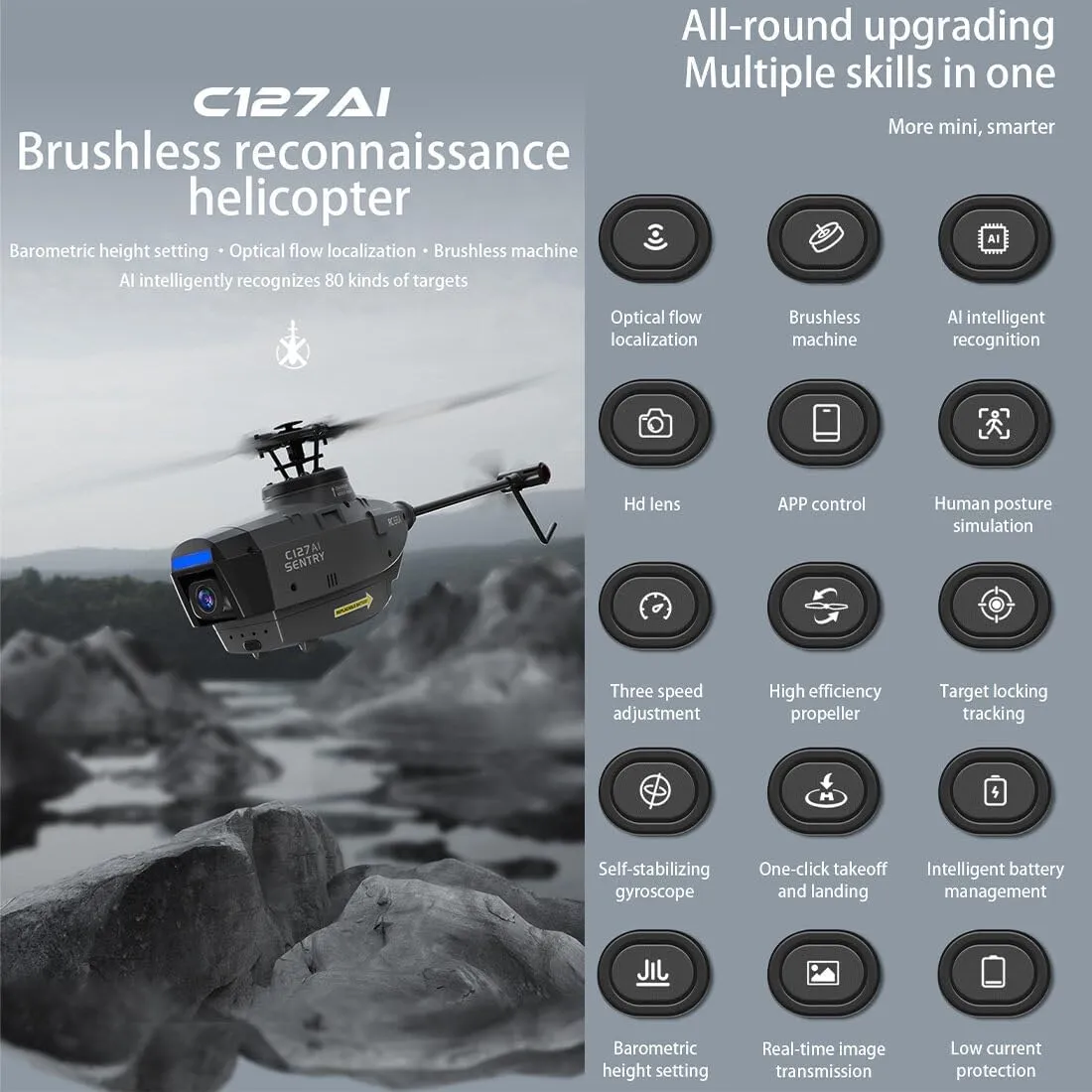 C127 RC Helicopter, 2.4G 4CH Remote Control Helicopter with Camera for Adults, Single-Rotor Brushless RC Aircraft Without Aileron, RC Scout Drone Flying Machines Indoor Outdoor-RTF